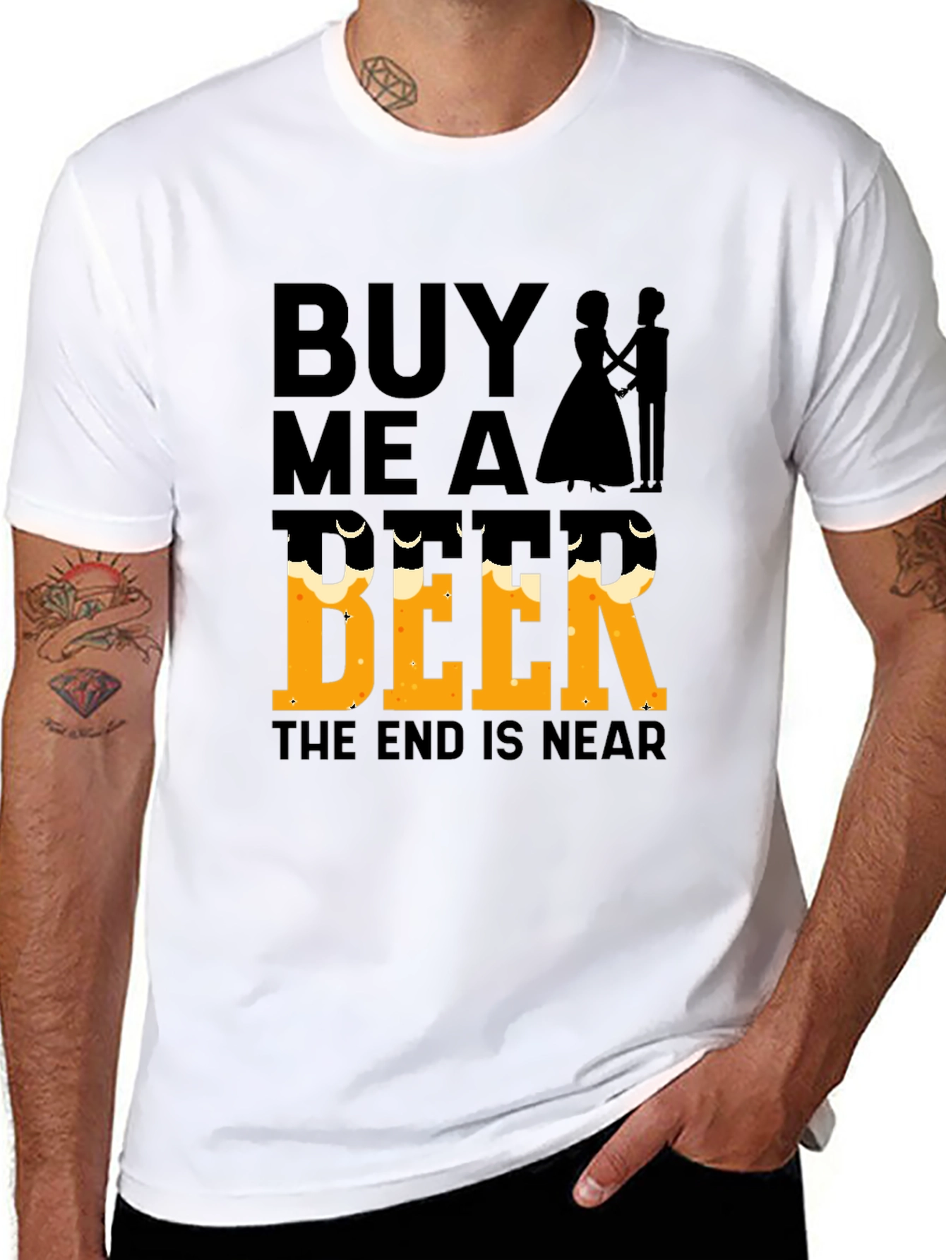 Black Buy Me a Beer, The End Is Near - Funny Wedding T-Shirt view 8