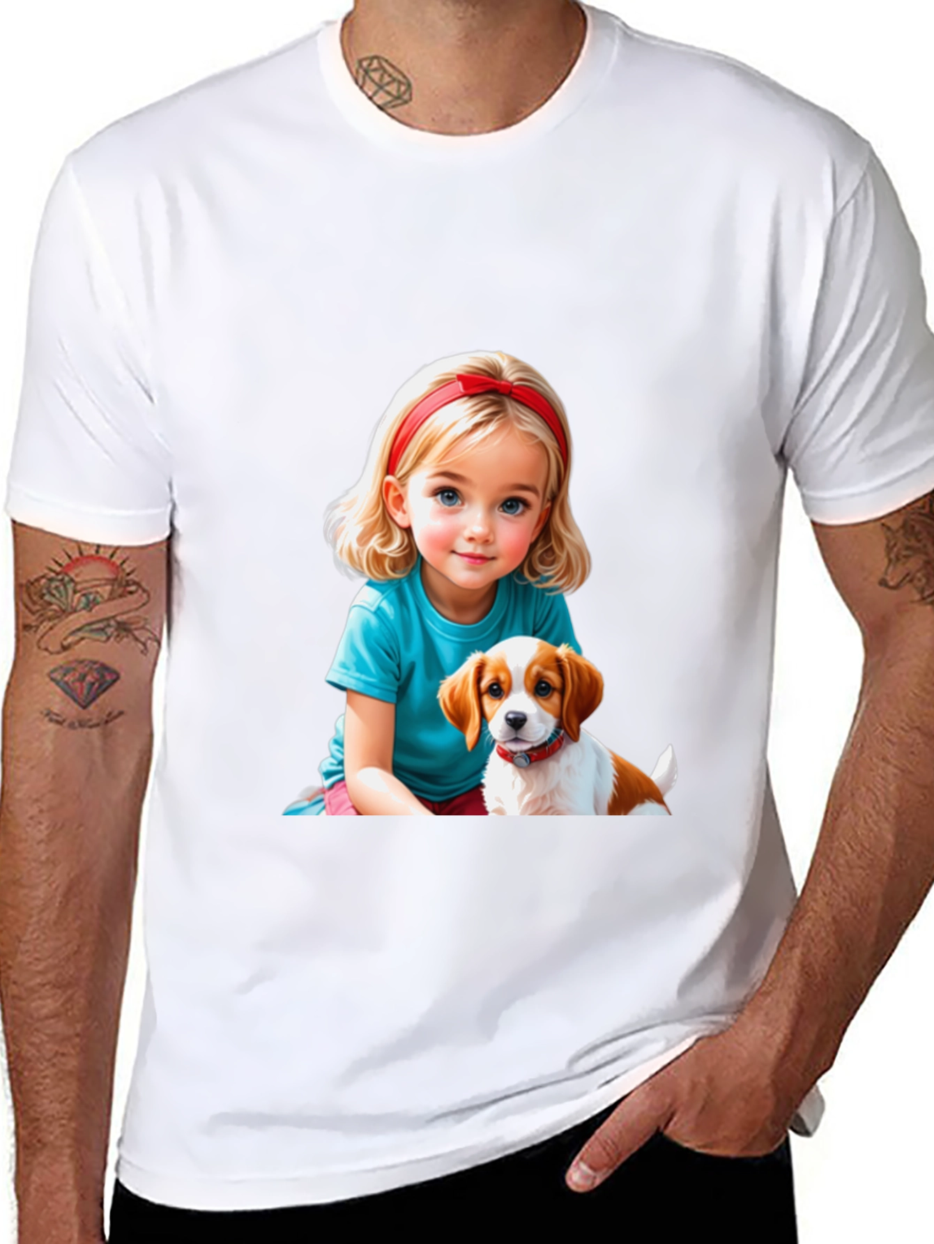 Black Cute Girl & Puppy Graphic Tee - Black Casual T-Shirt view 8