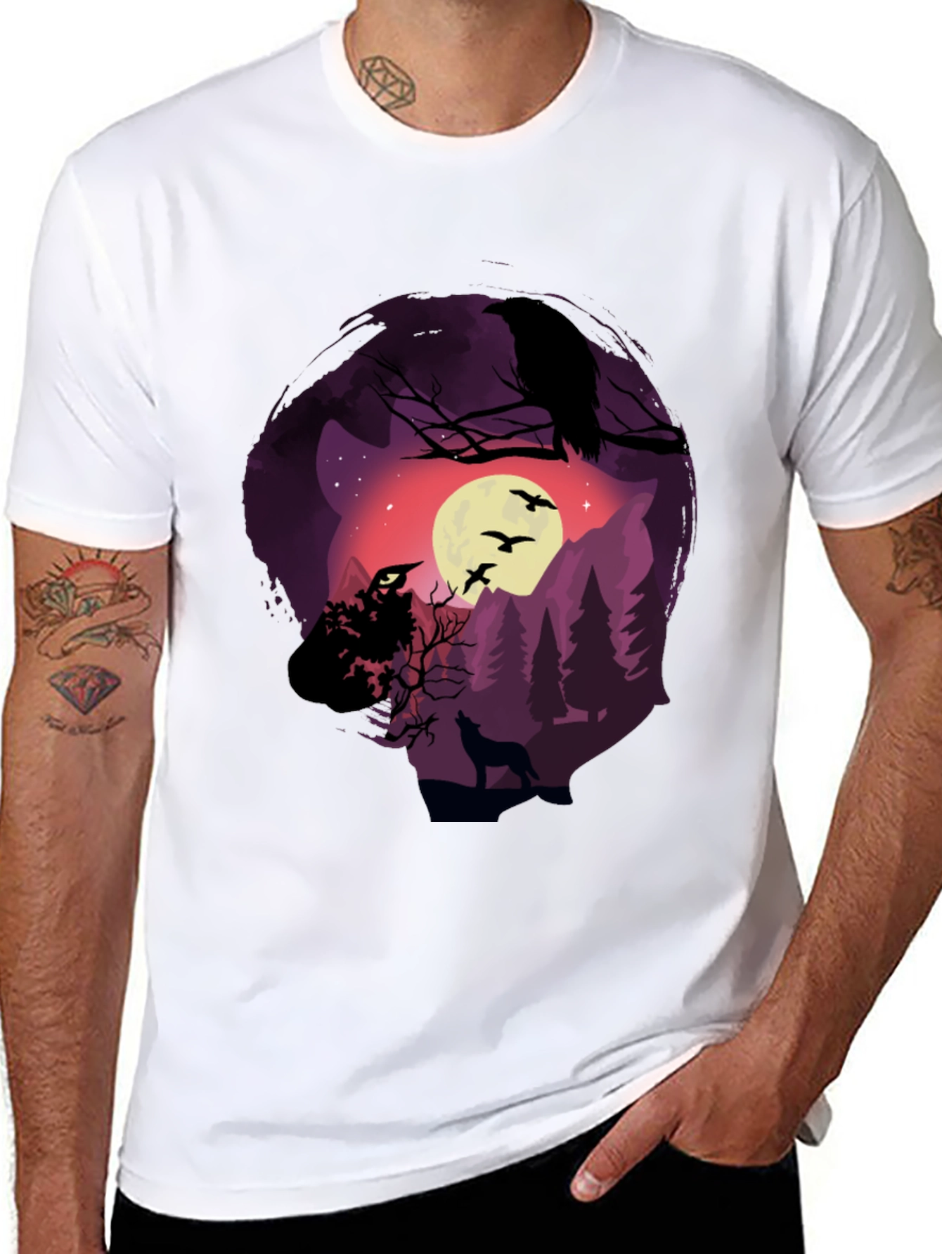 Black Raven Moon Wolf Graphic T-Shirt view 8