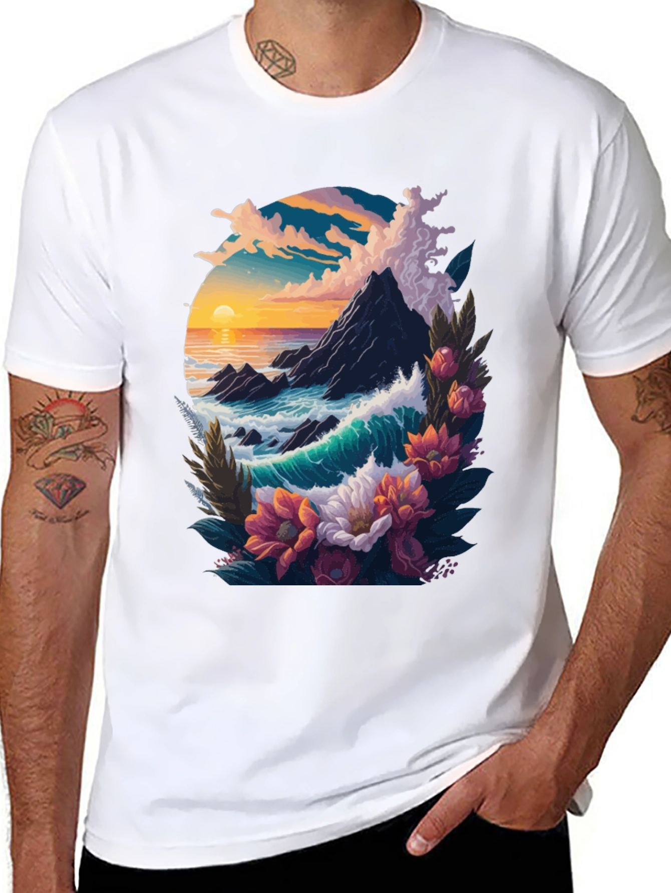 Black Ocean Sunset Floral Graphic Tee view 8