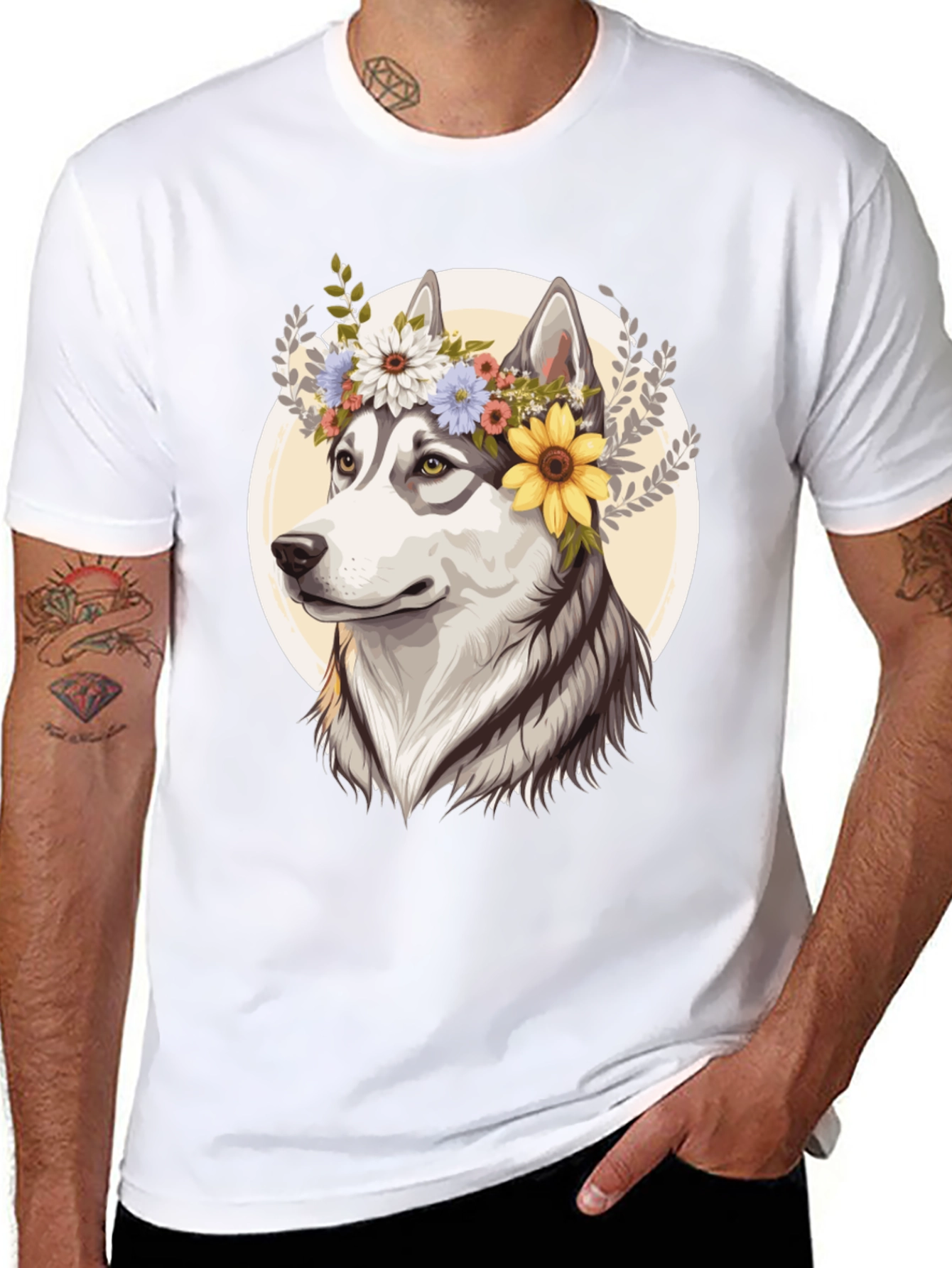 Black Floral Husky Graphic Tee - Unisex Black T-Shirt view 8