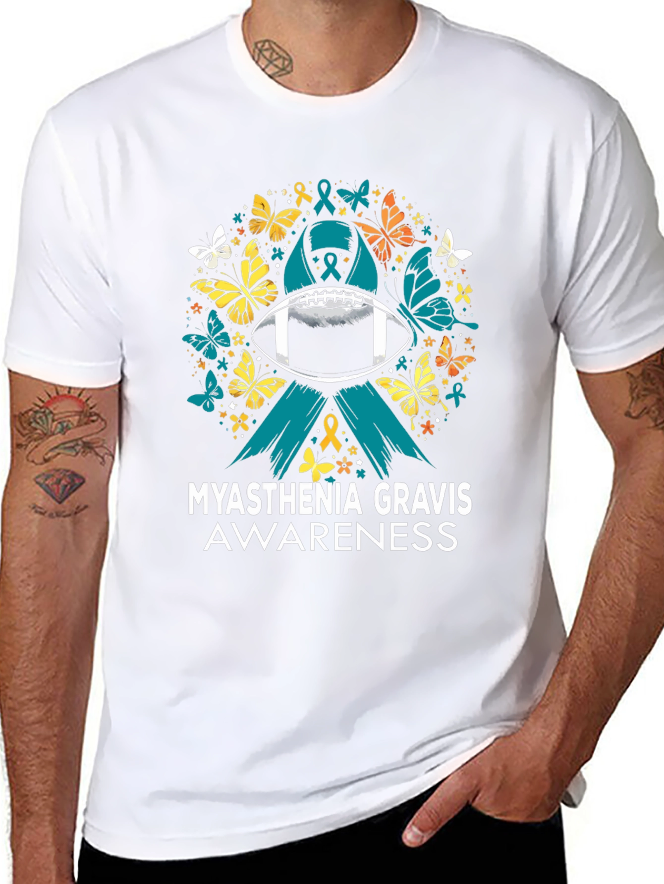 Black Myasthenia Gravis Awareness Football T-Shirt view 8