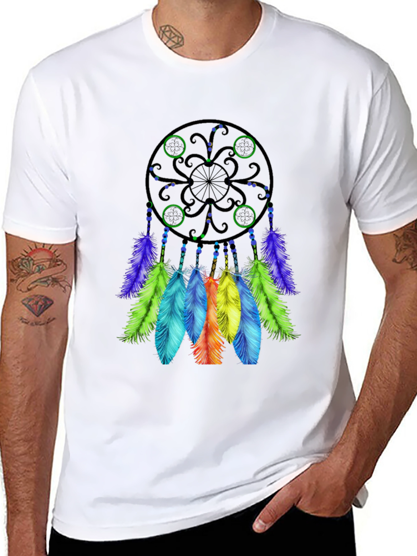 Black Dreamcatcher T-Shirt - Black Cotton Tee with Colorful Feather Design view 8