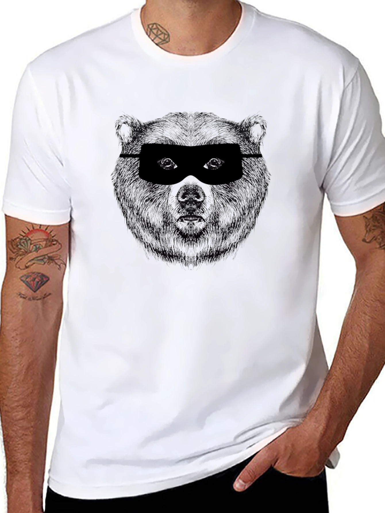 Black Men's Black Graphic Tee - Masked Bear Design view 8