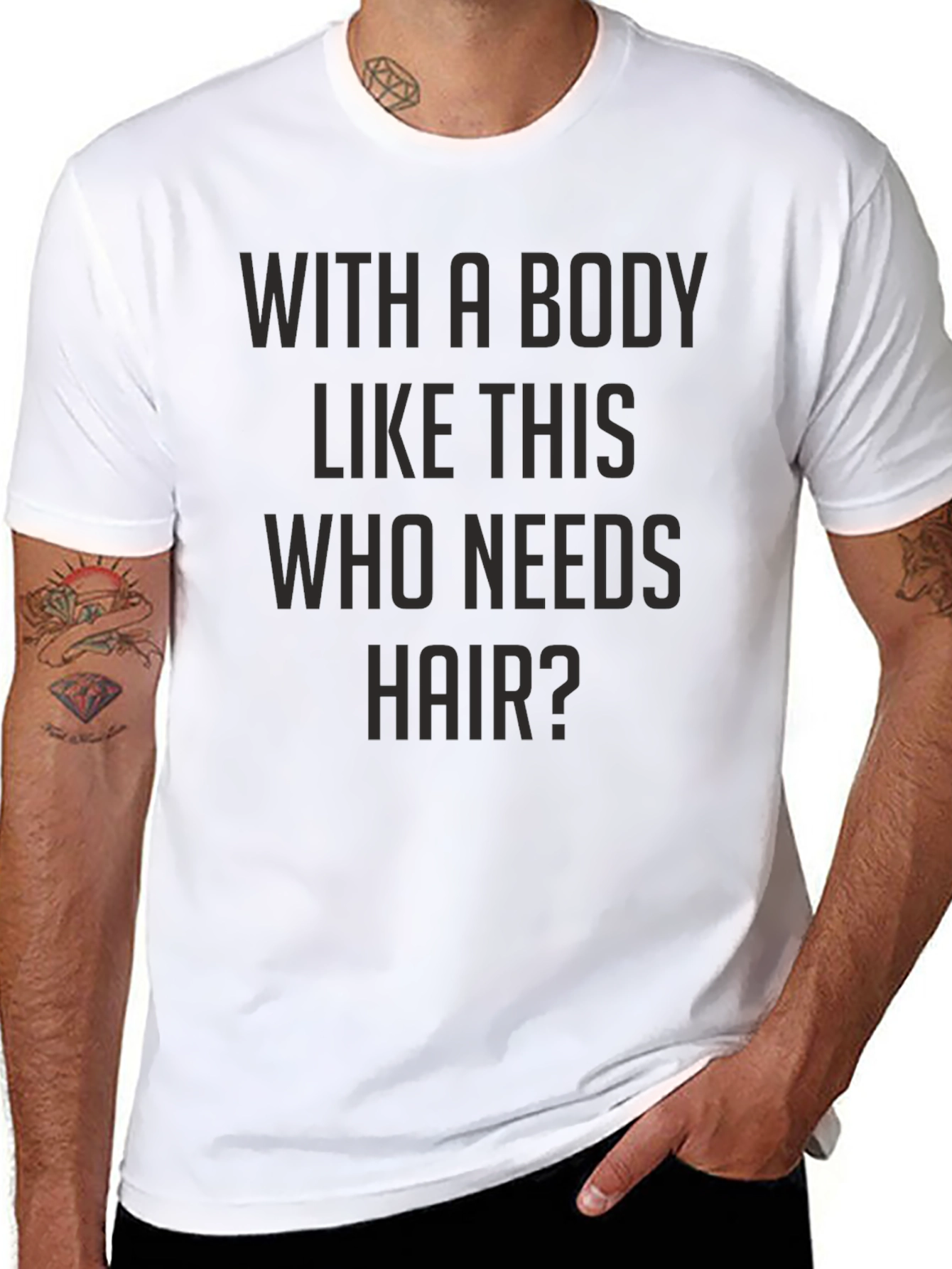 Black Funny Bald Guy T-Shirt - With A Body Like This Who Needs Hair view 8