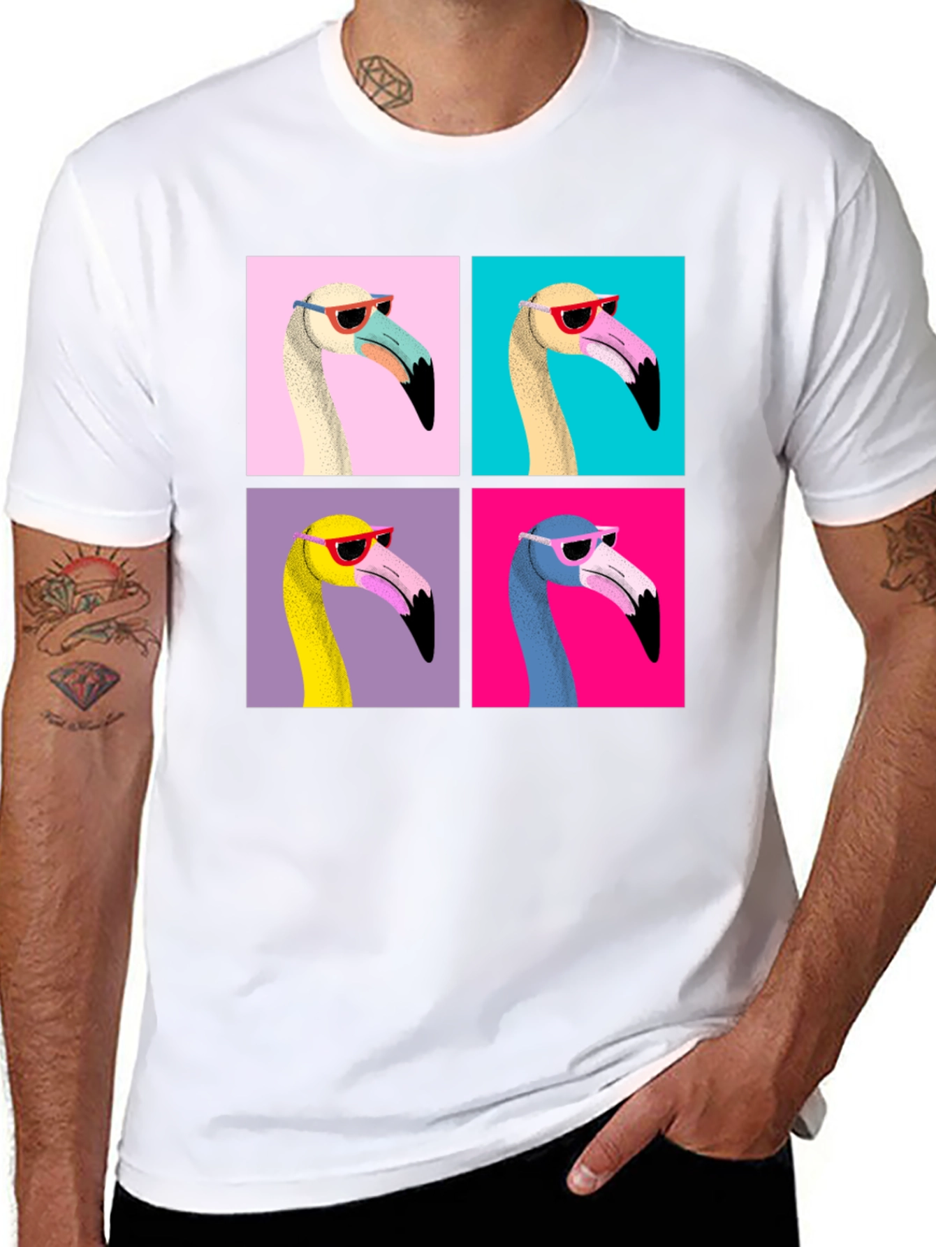 Black Funky Flamingo Pop Art Graphic T-Shirt view 8