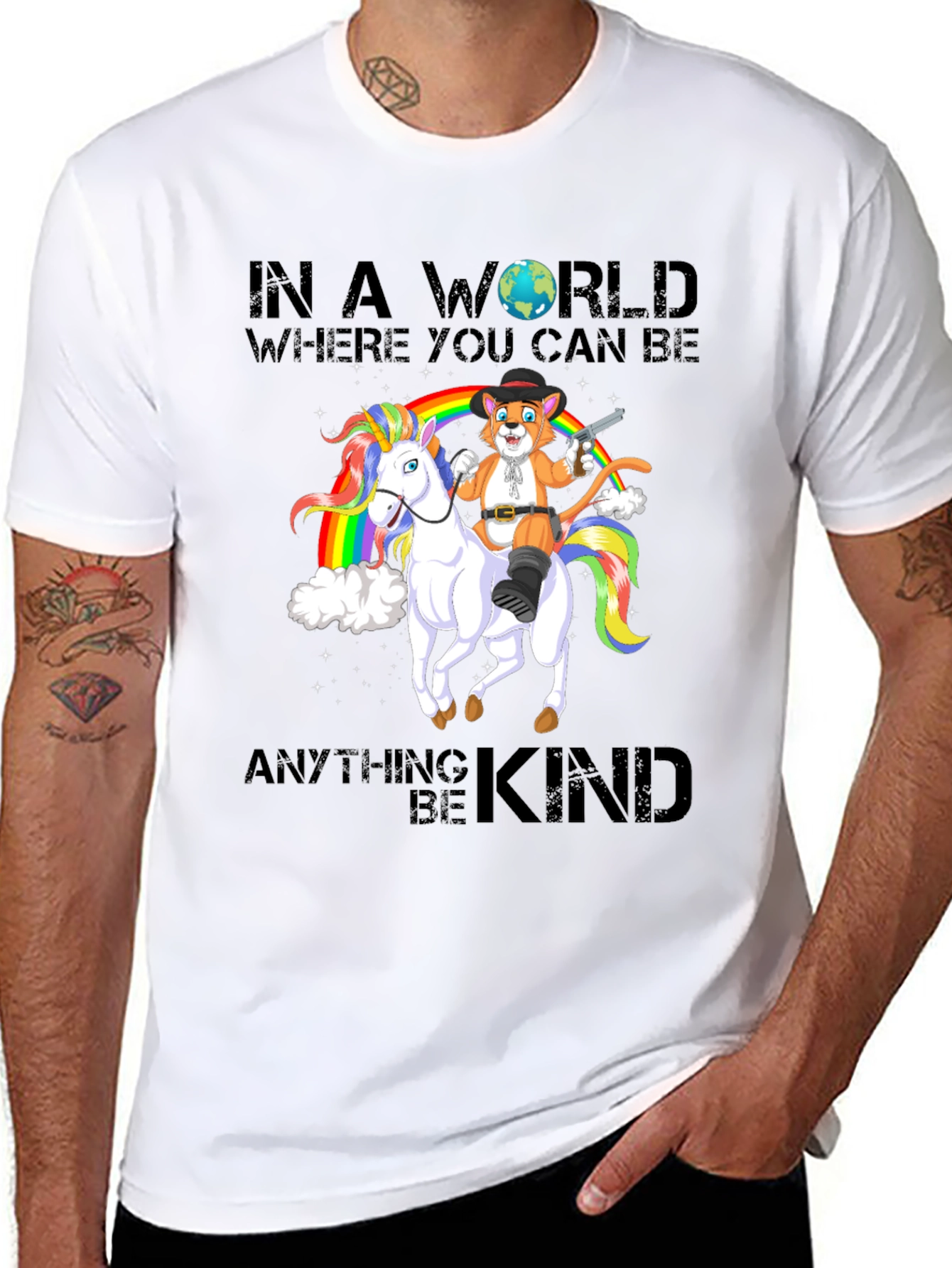 Black Be Kind T-Shirt: Cat Cowboy Riding Unicorn view 8