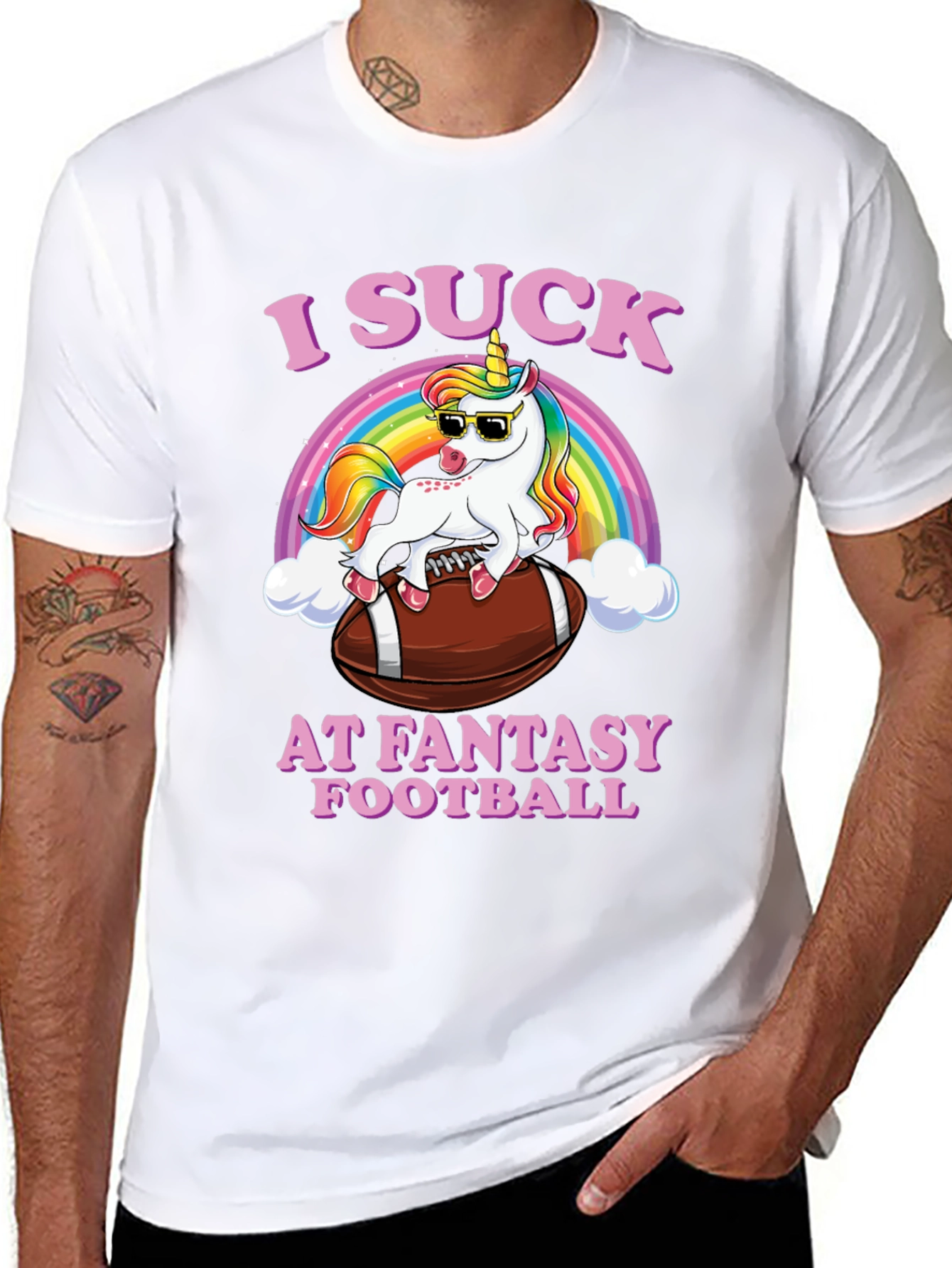 Black I Suck at Fantasy Football Unicorn T-Shirt view 8