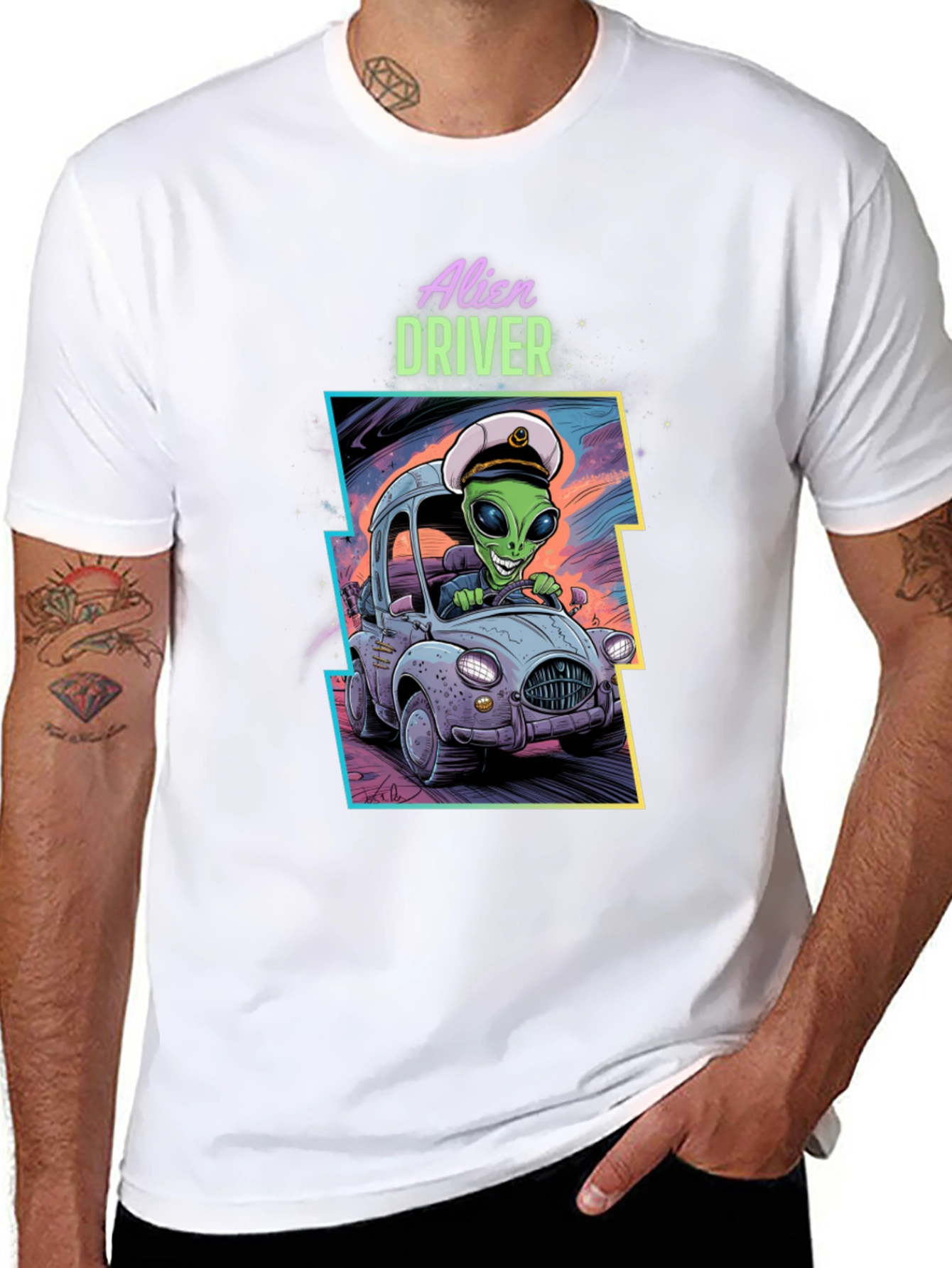 Black Alien Driver Graphic T-Shirt - Black Crew Neck Tee view 8