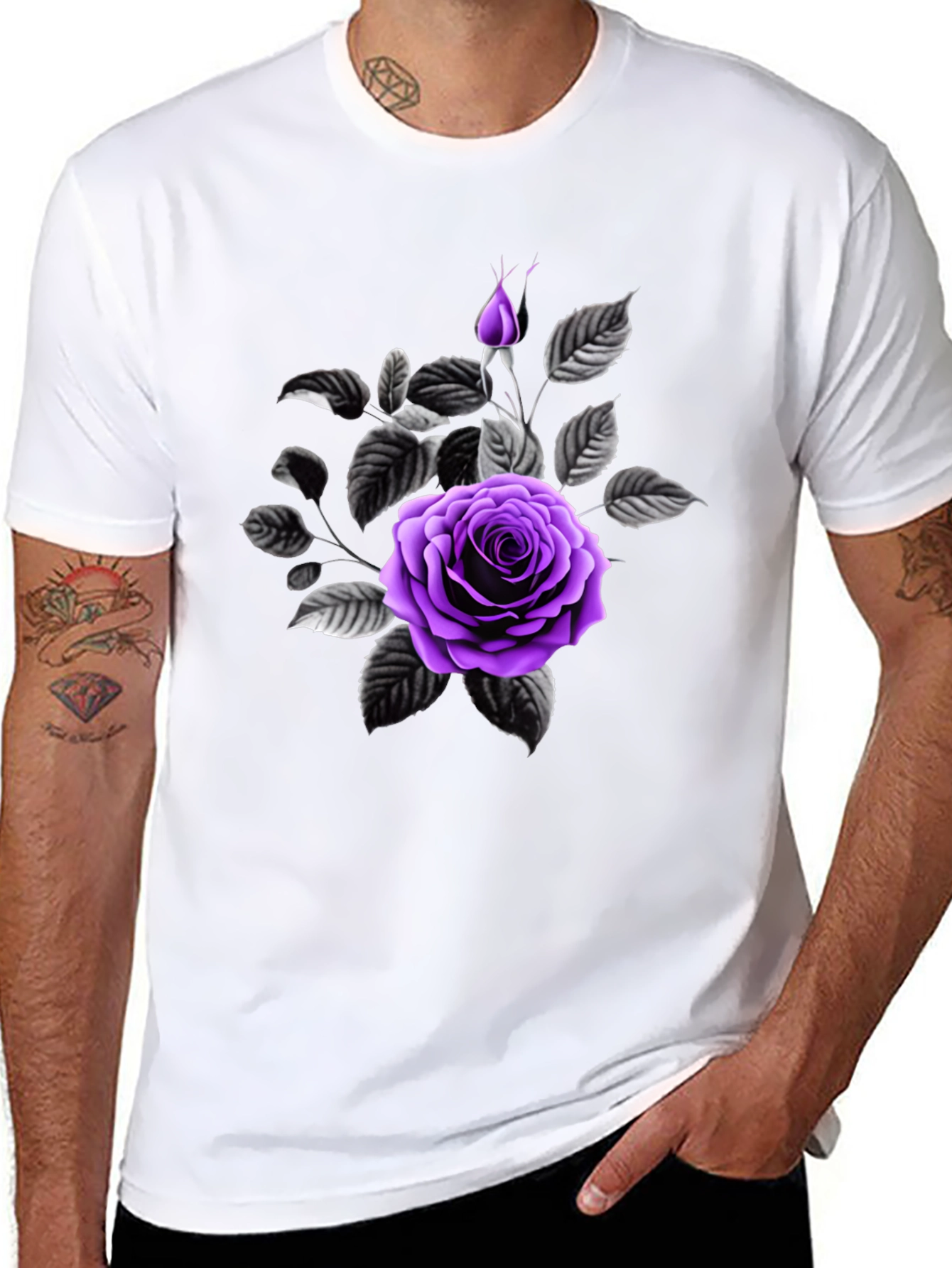 Black Black T-Shirt with Purple Rose Graphic view 8