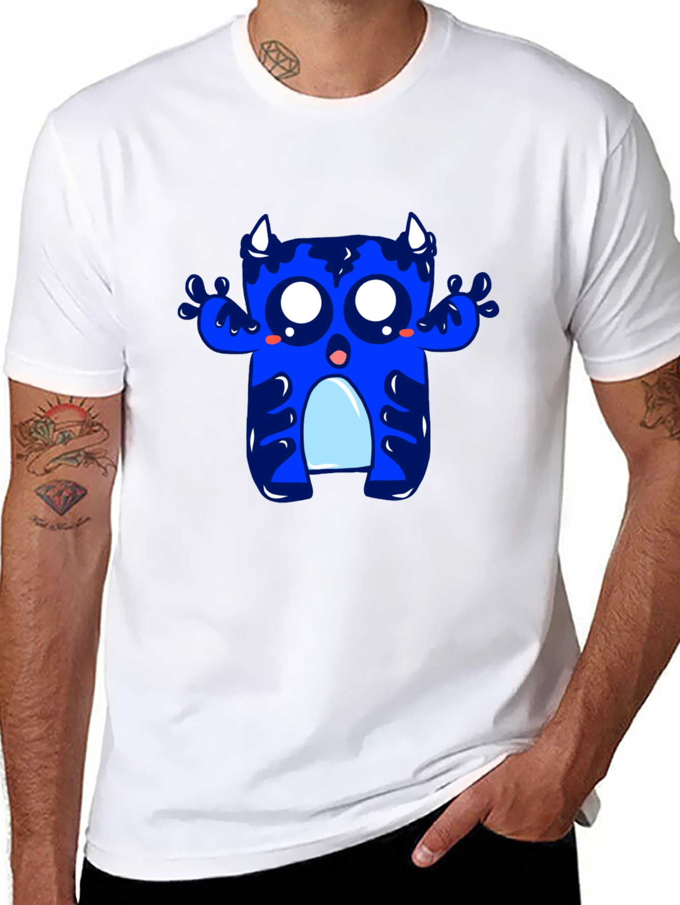 Black Cute Blue Monster Graphic Tee - Black Cotton T-Shirt view 8