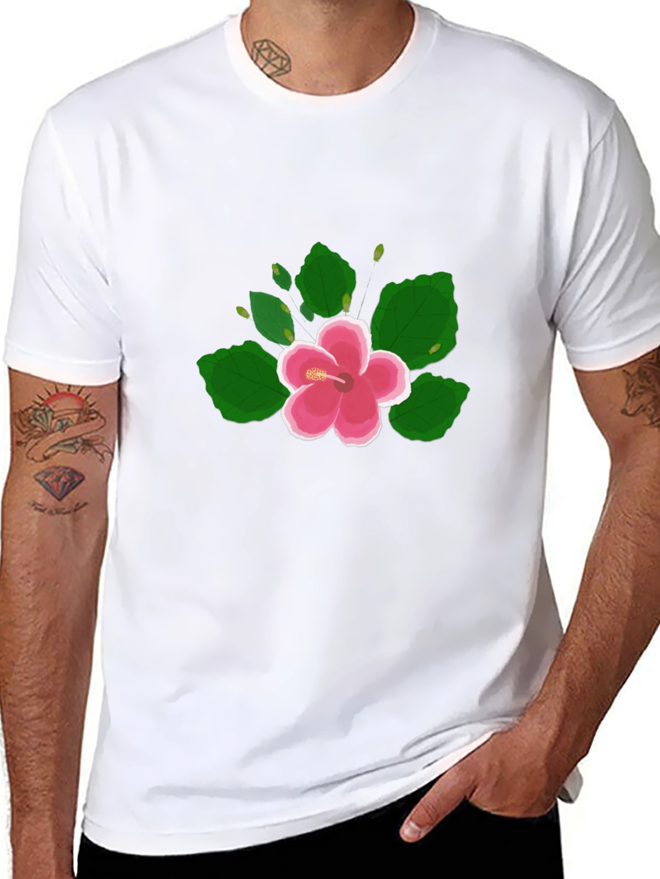 Black Hibiscus Flower Graphic Black T-Shirt view 8