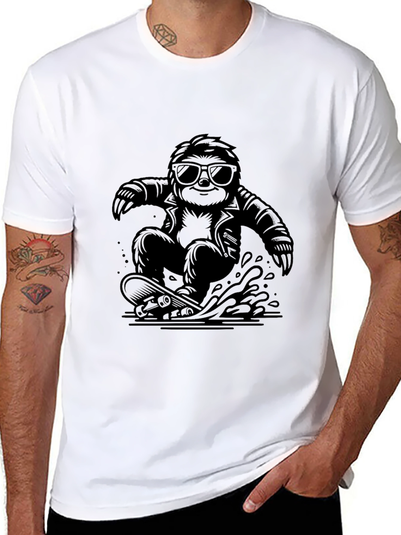Black Cool Sloth Skateboarder Graphic Tee - Black view 8