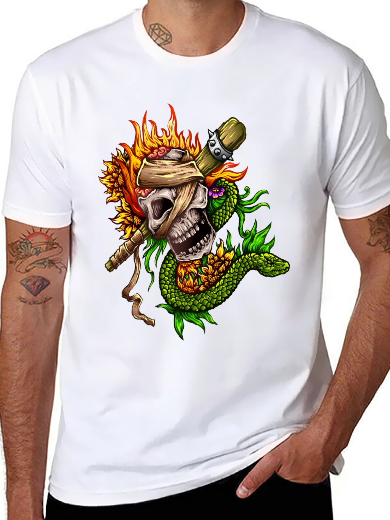 Skull, Snake, Sunflowers Black T-Shirt - 8