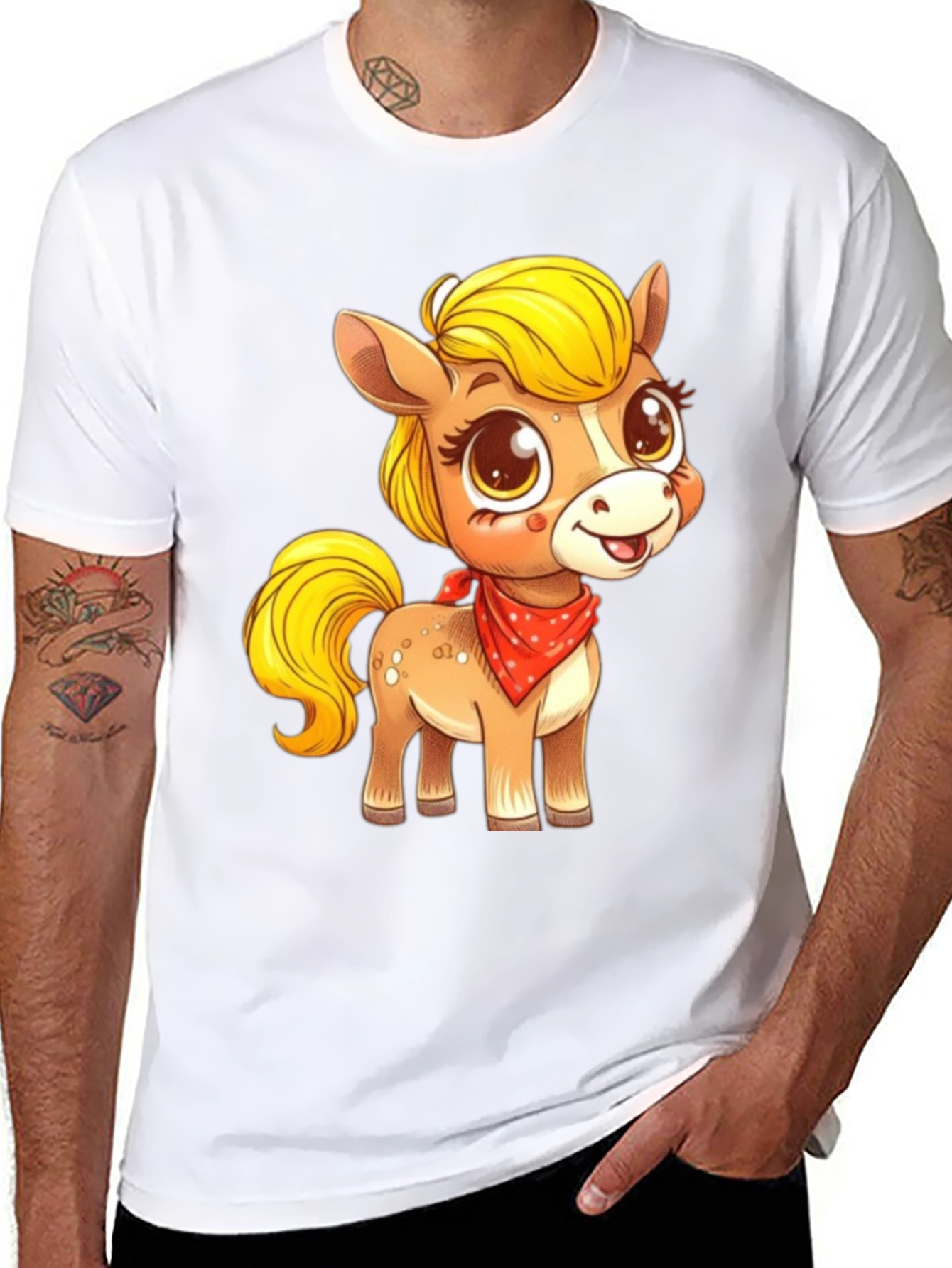 Black Cute Pony Cartoon Graphic Black T-Shirt view 8
