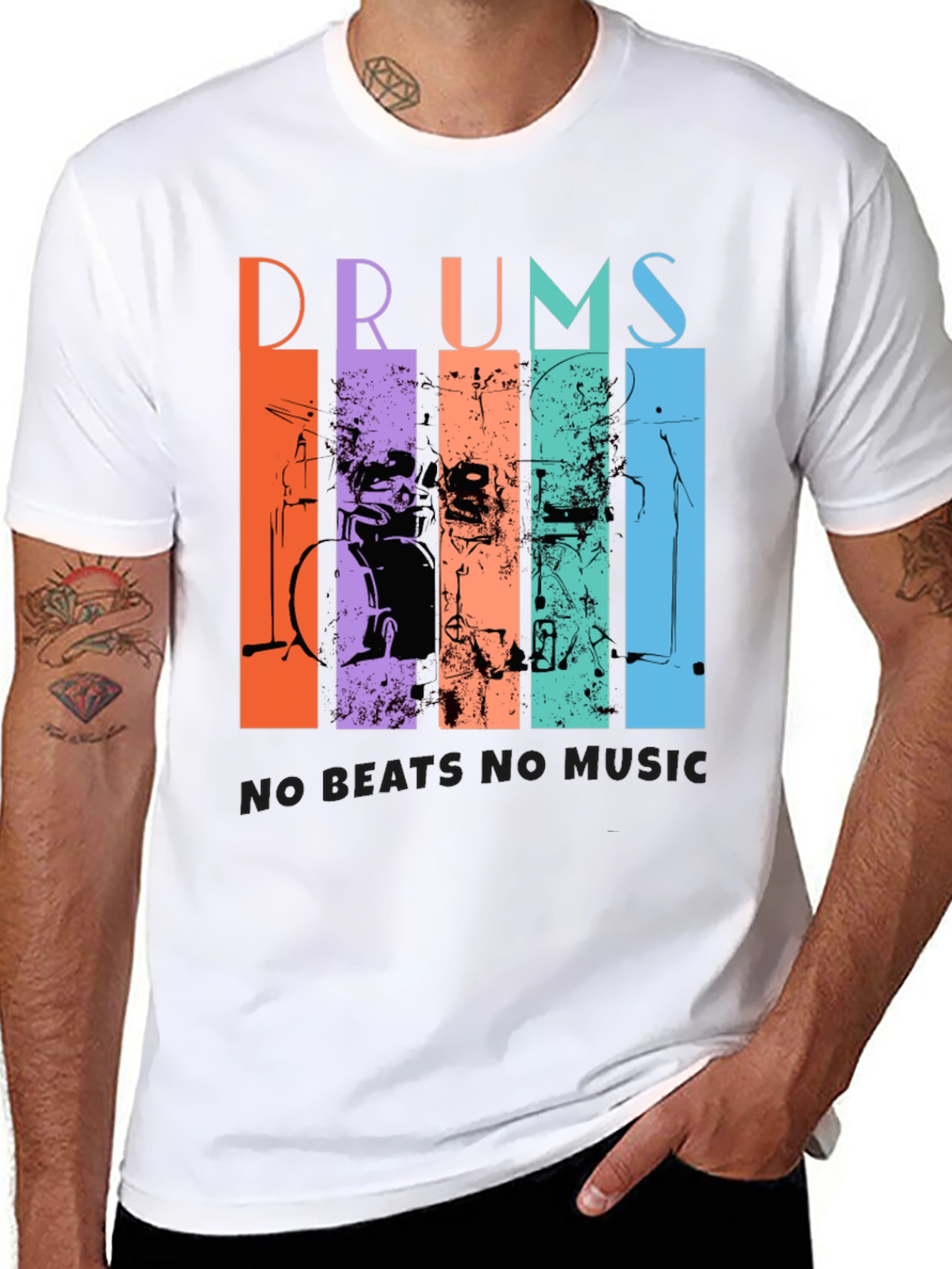 Black Colorful Drums Music Graphic T-Shirt view 8