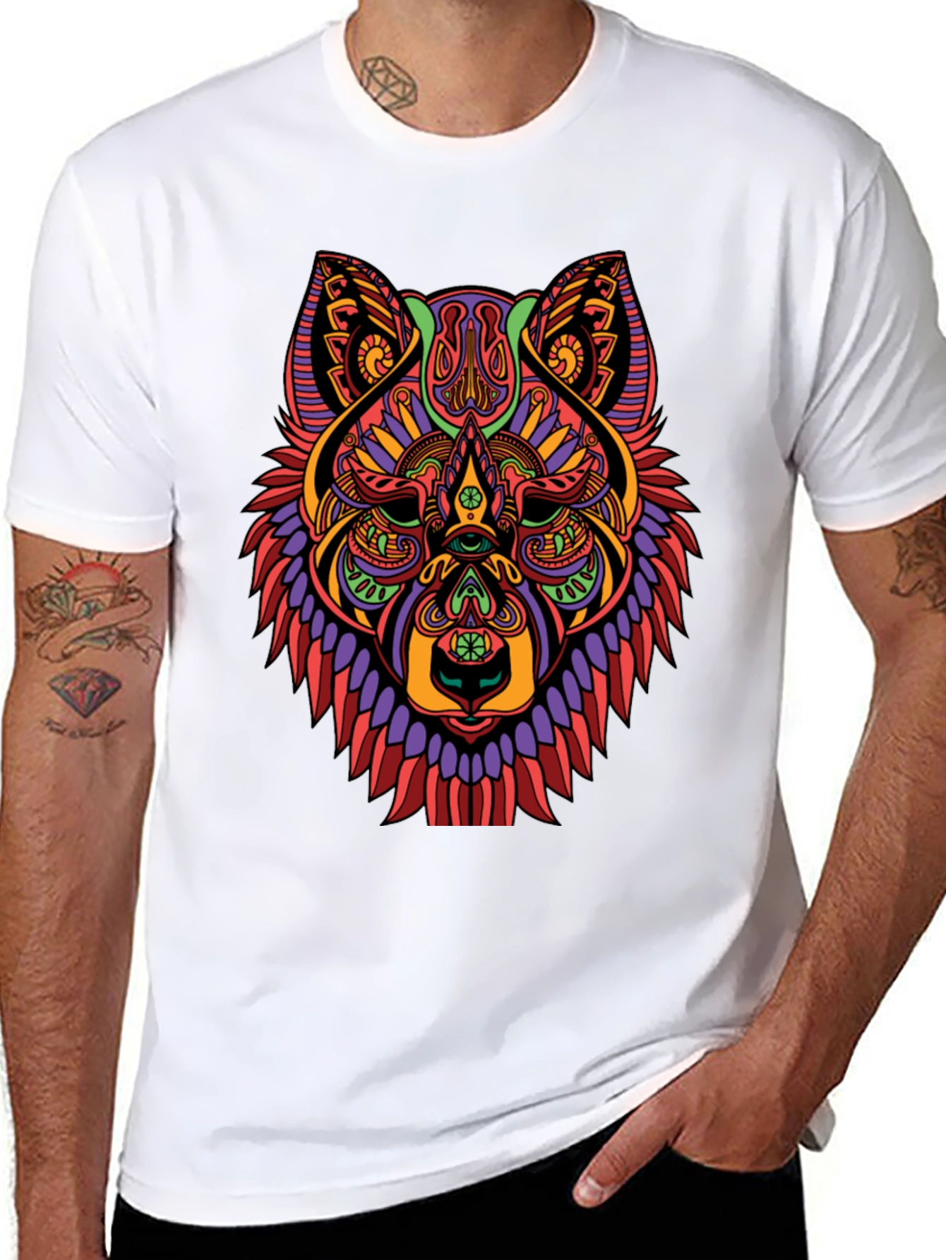 Black Psychedelic Wolf Graphic Print Black T-Shirt view 8