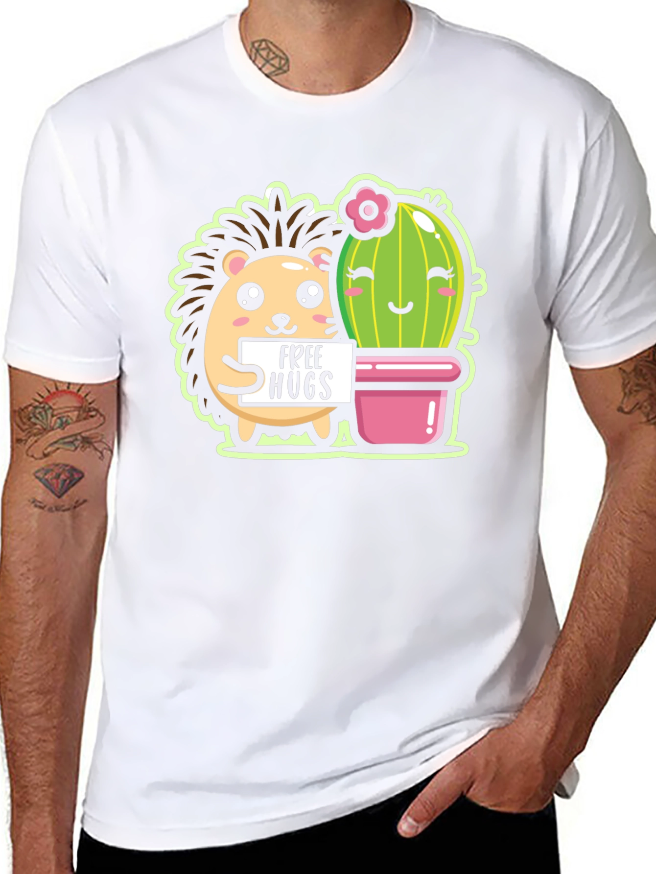 Black Cute Hedgehog & Cactus Free Hugs Black T-Shirt view 8