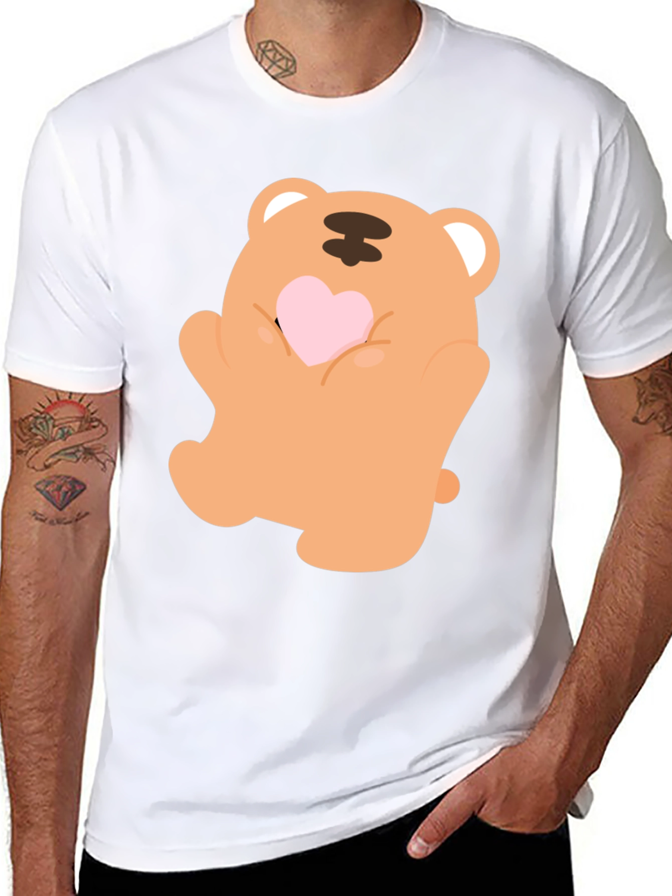 Black Cute Bear Holding Heart Graphic Tee view 8