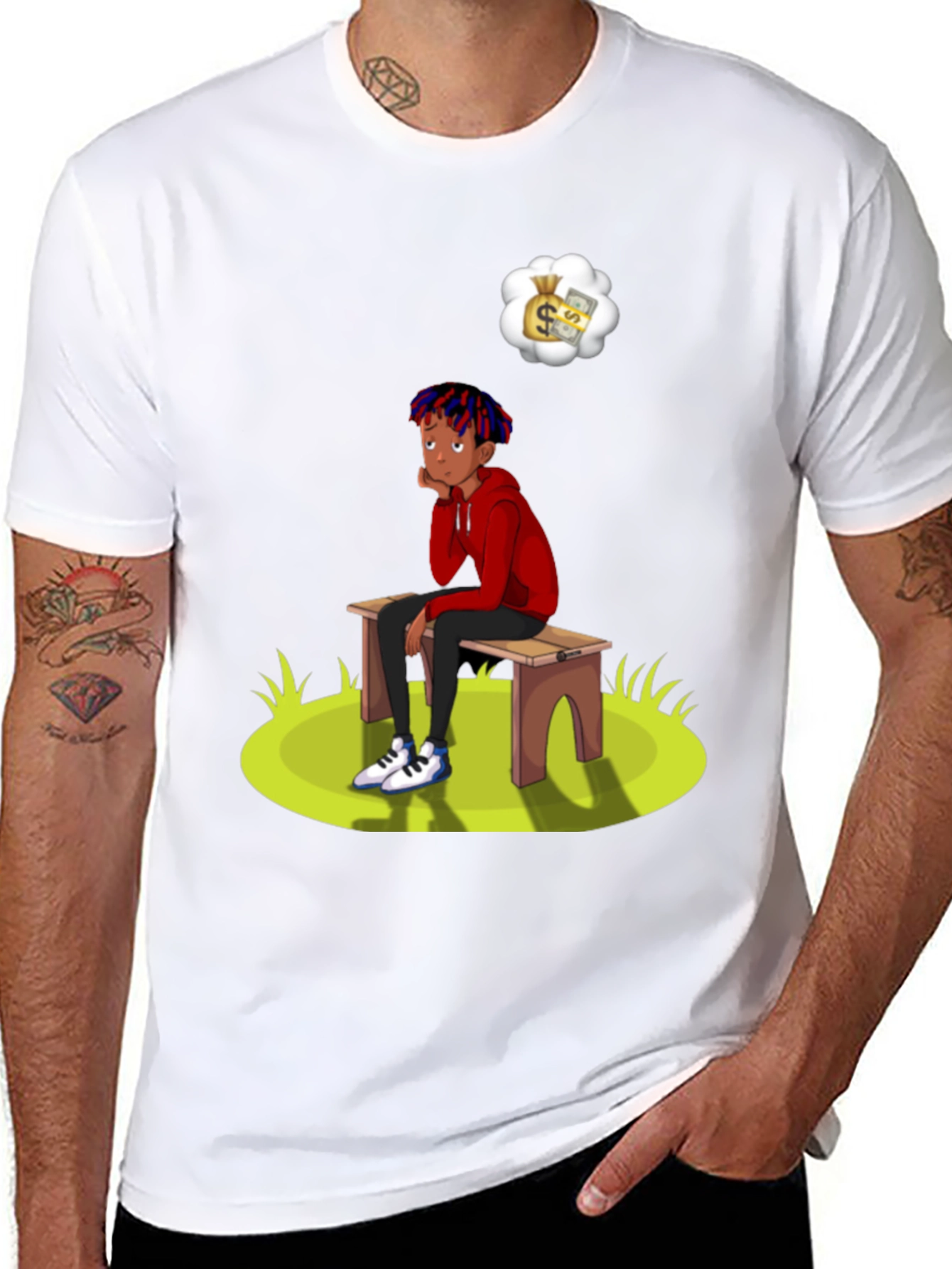 Black Cartoon Graphic Tee -  Boy on Bench Dreaming of Money view 8