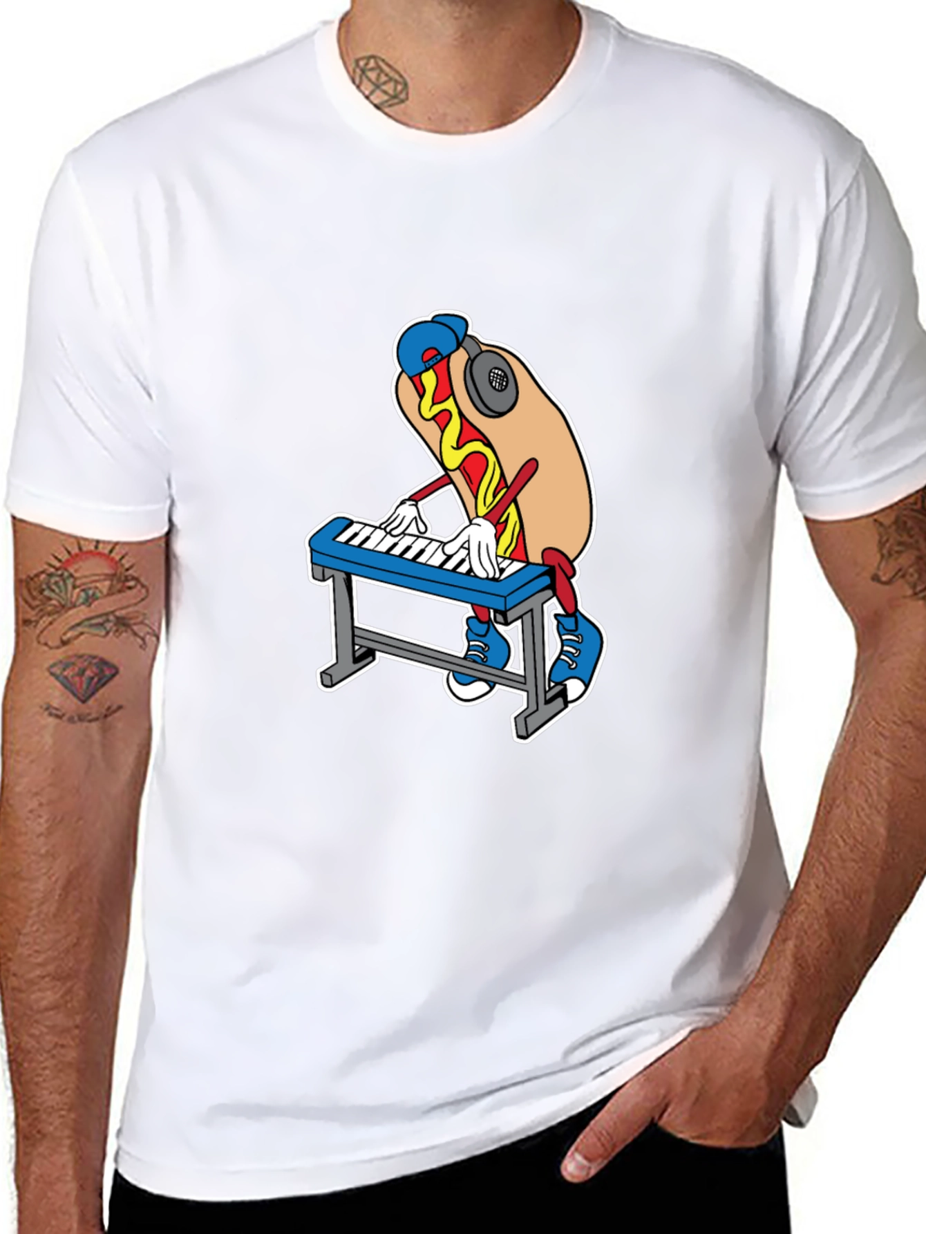 Black Cool Hotdog Keyboardist Graphic Tee view 8