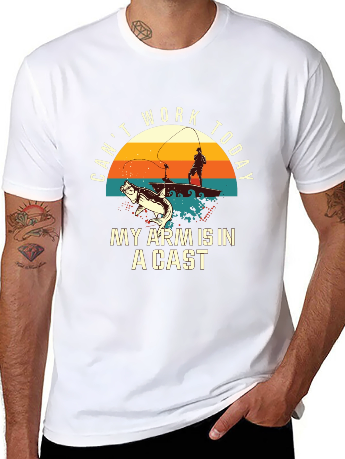 Black Fishing T-Shirt: Can't Work Today - My Arm Is In A Cast view 8