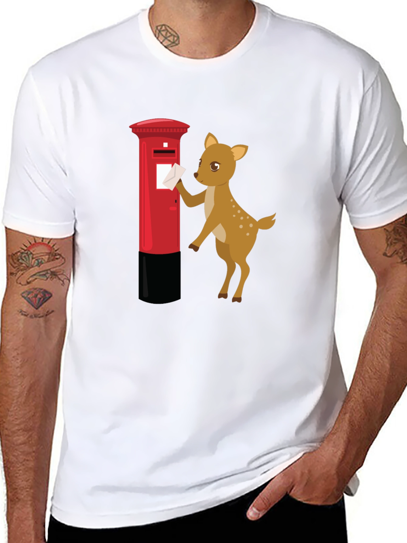 Black Cartoon Deer Posting Letter T-Shirt view 8