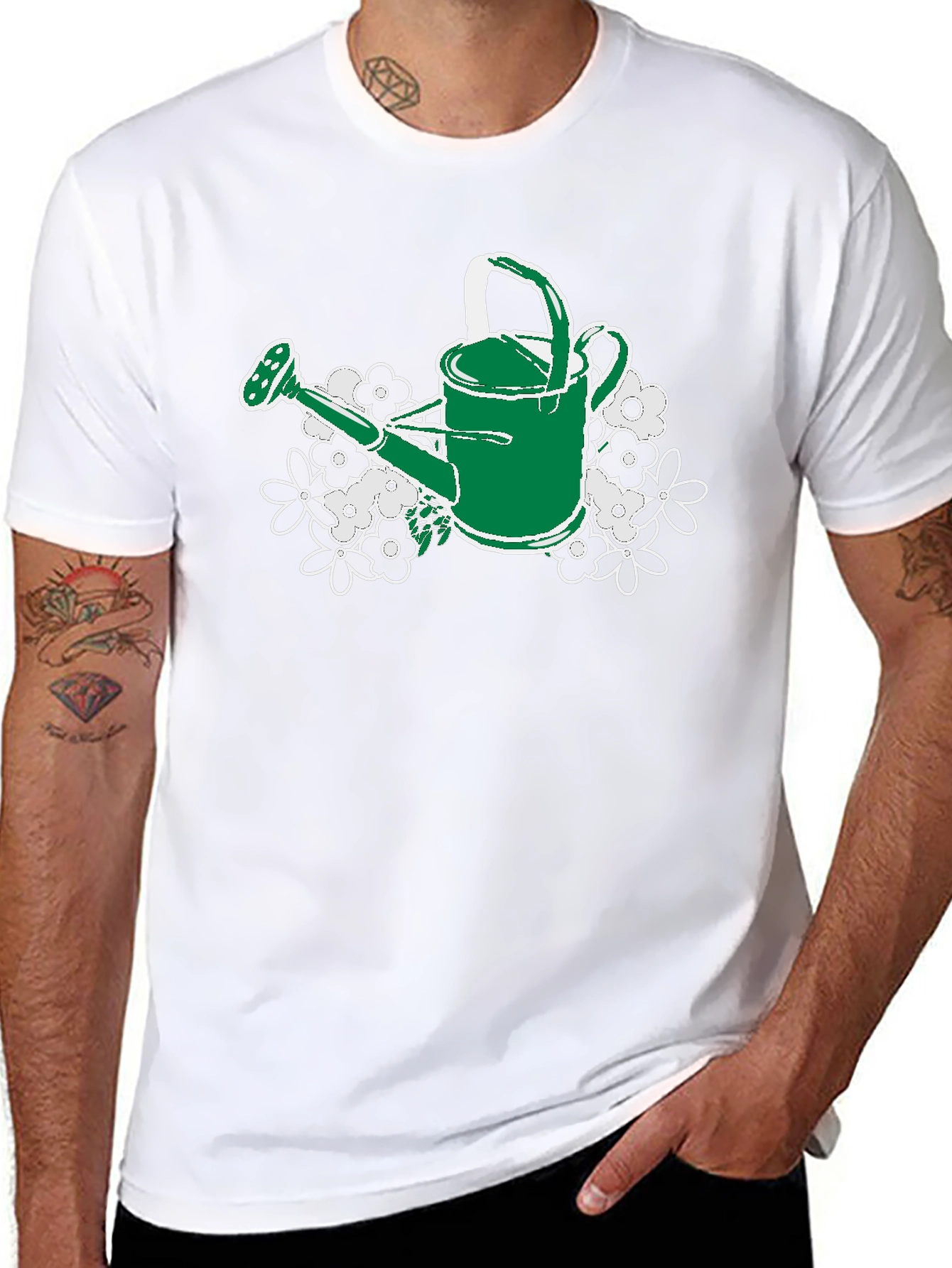 Black Gardening Watering Can T-Shirt - Floral Design view 8