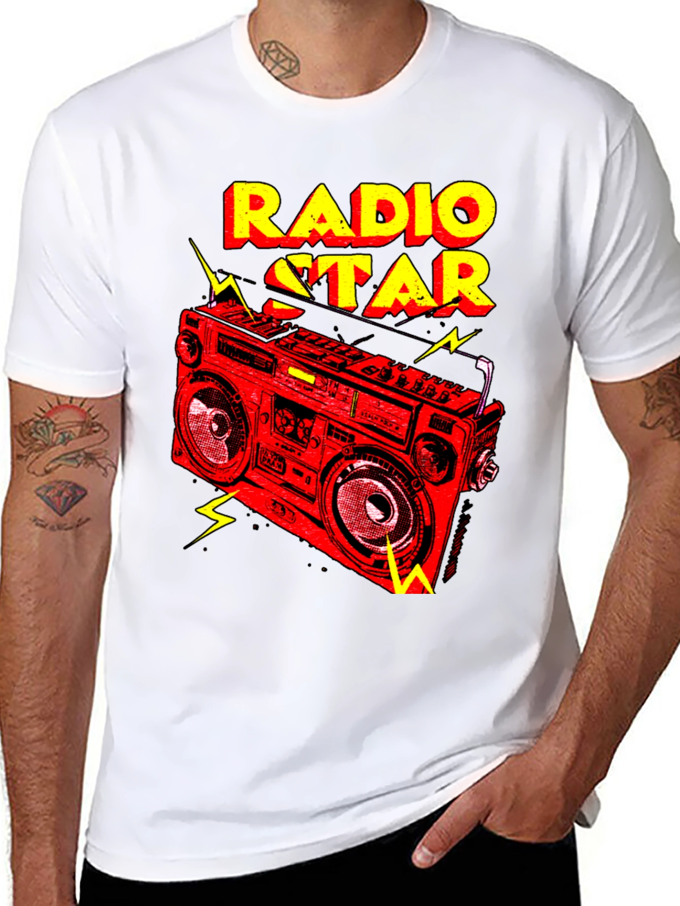 Black Radio Star Graphic Tee - Retro Boombox Design view 8