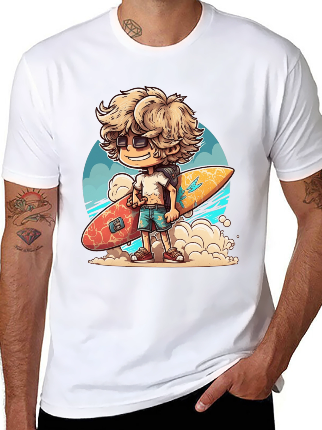 Black Surfer Dude Cartoon Graphic T-Shirt view 8