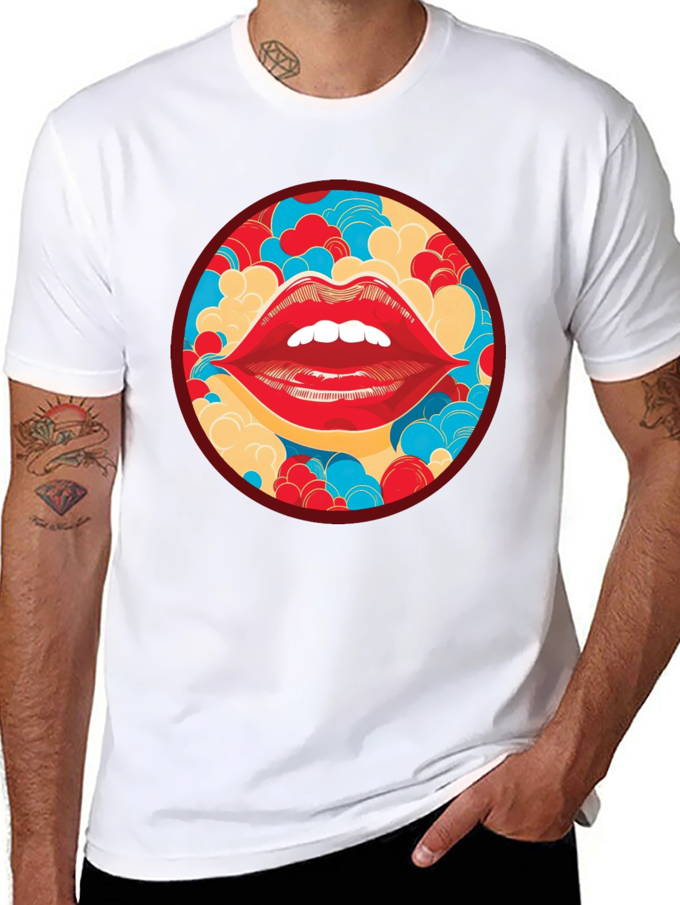 Black Red Lips Graphic Print Crew Neck T-Shirt view 8