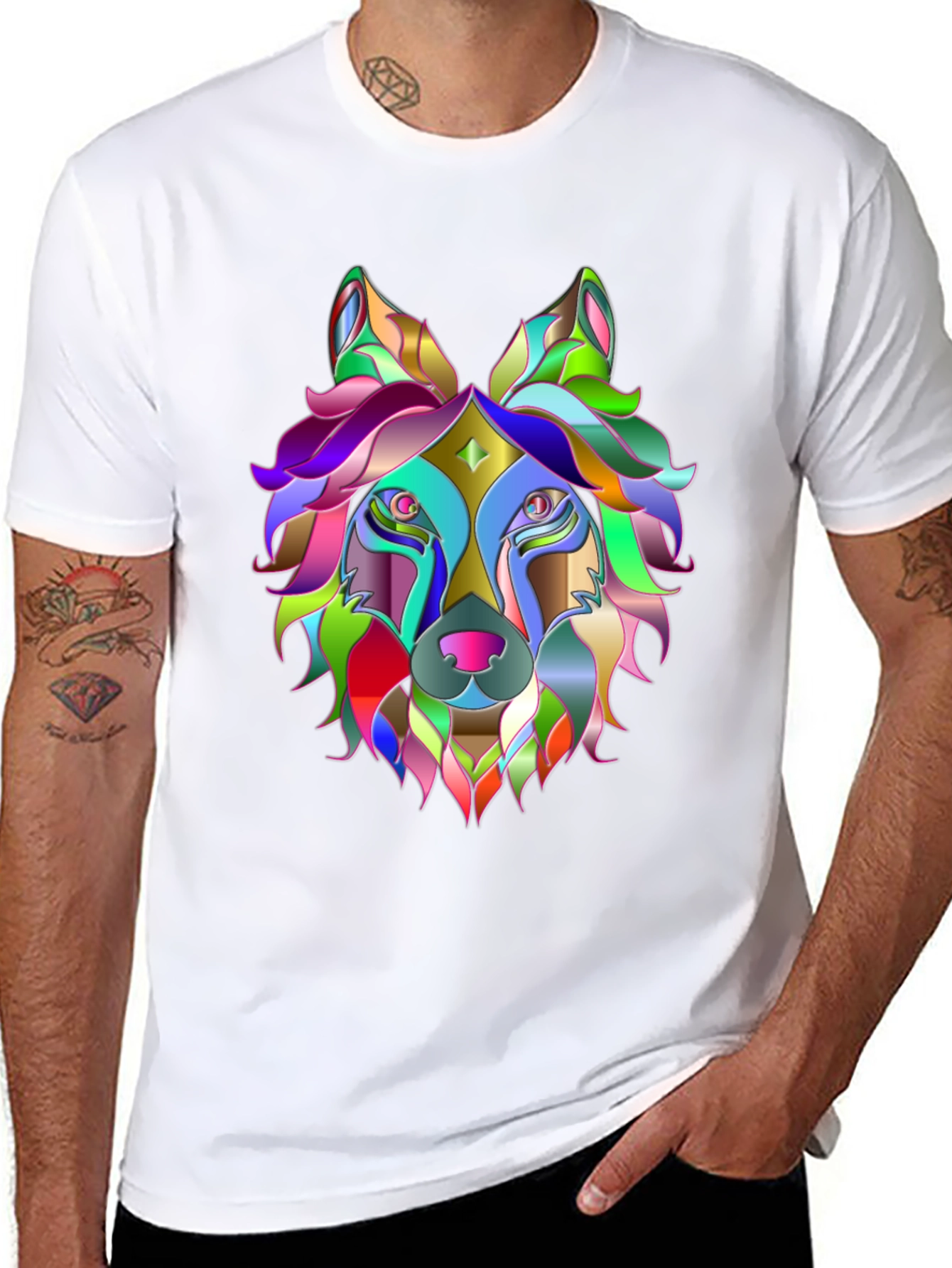 Black Colorful Geometric Wolf Graphic Tee - Unique Design view 8