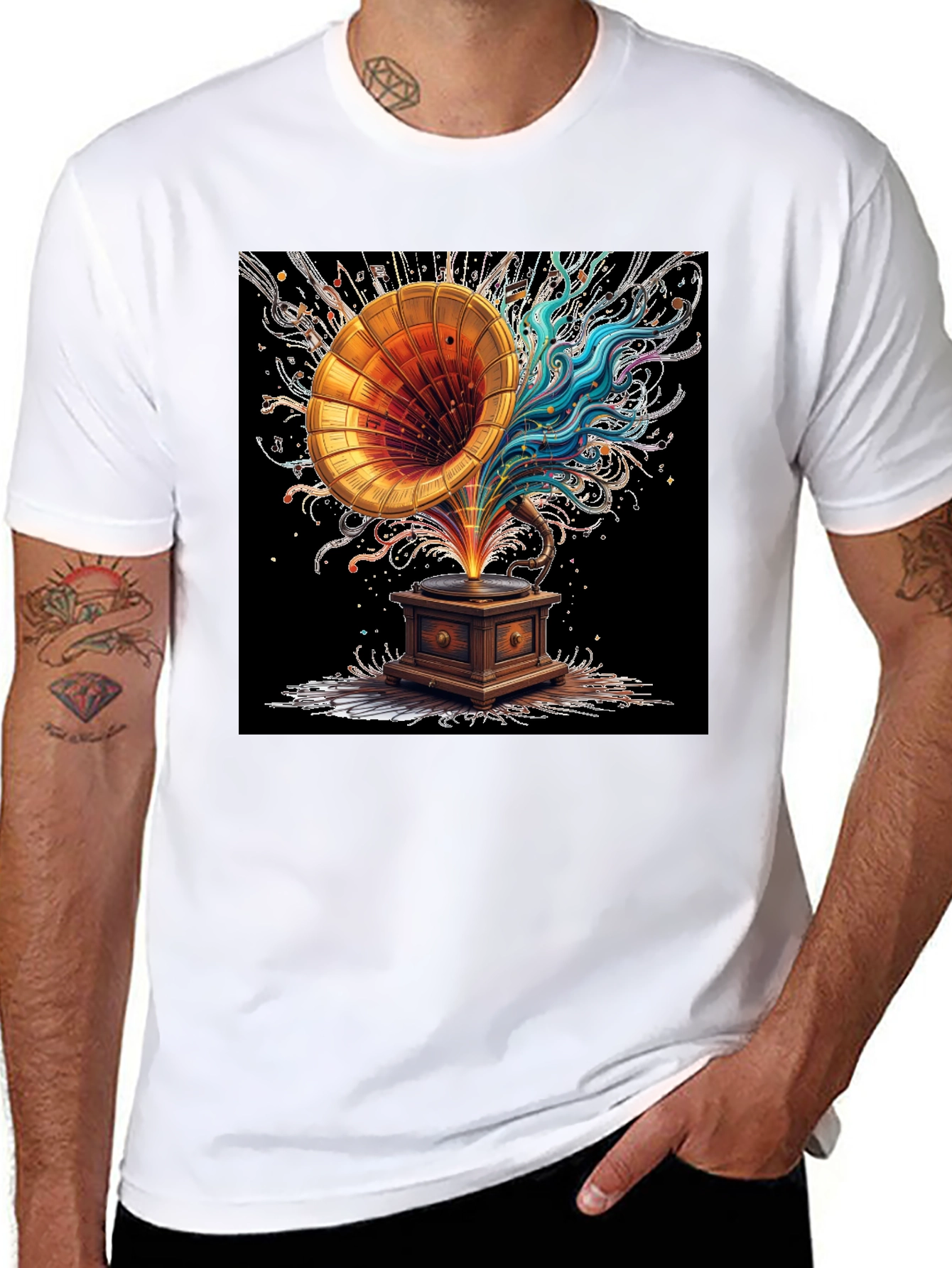 Black Vintage Gramophone Music Art T-Shirt view 8