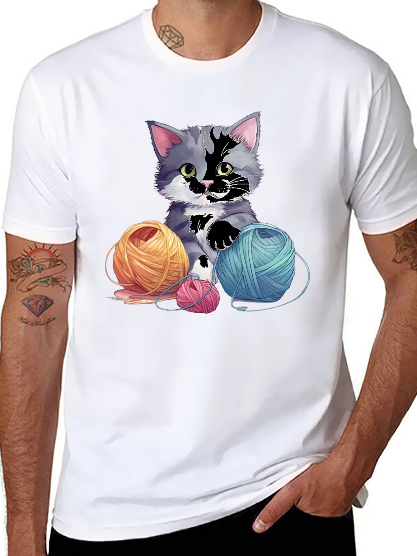 Black Cute Kitten with Yarn Balls Graphic Tee view 8
