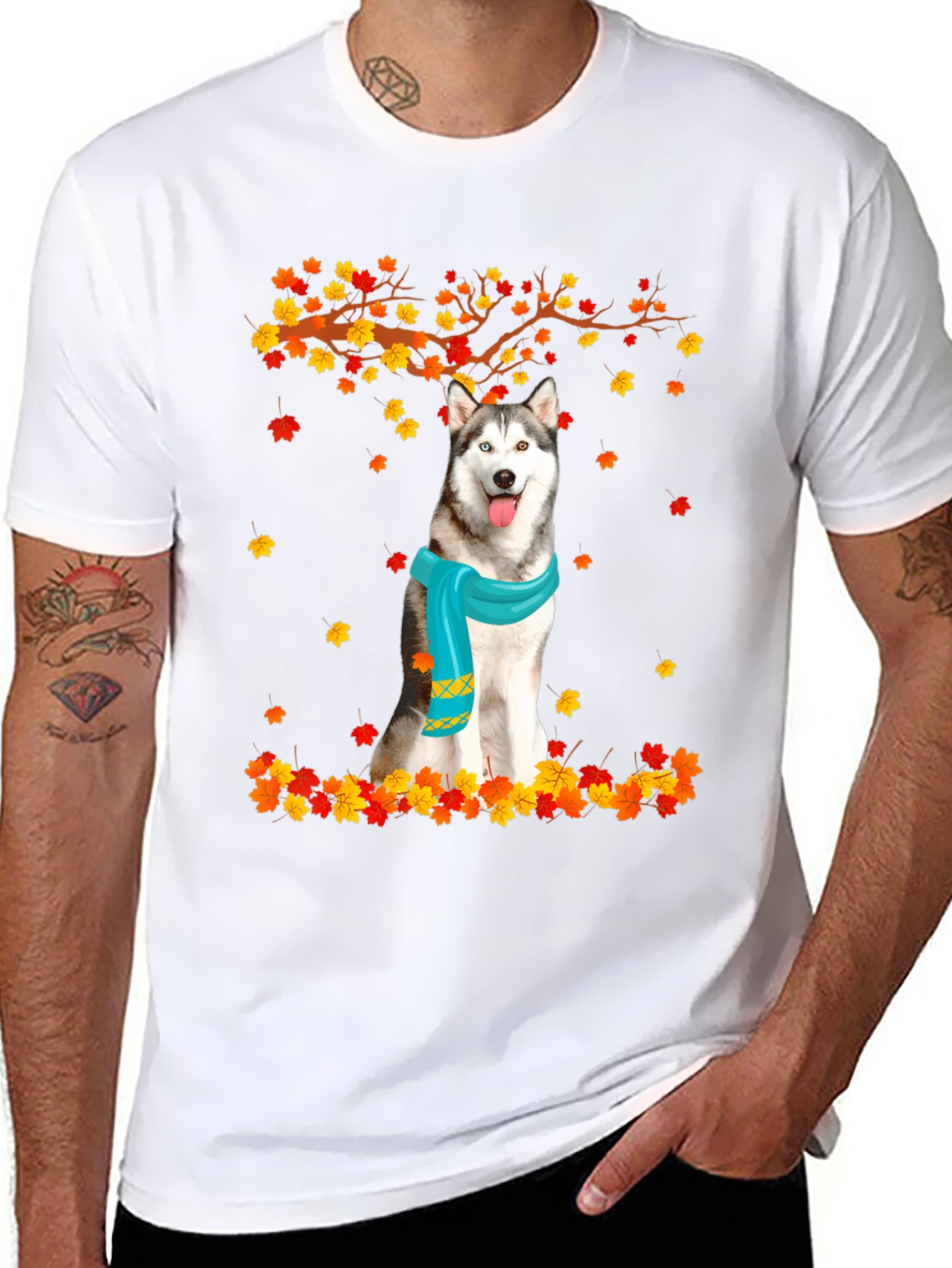 Black Husky Autumn Leaves Graphic T-Shirt view 8