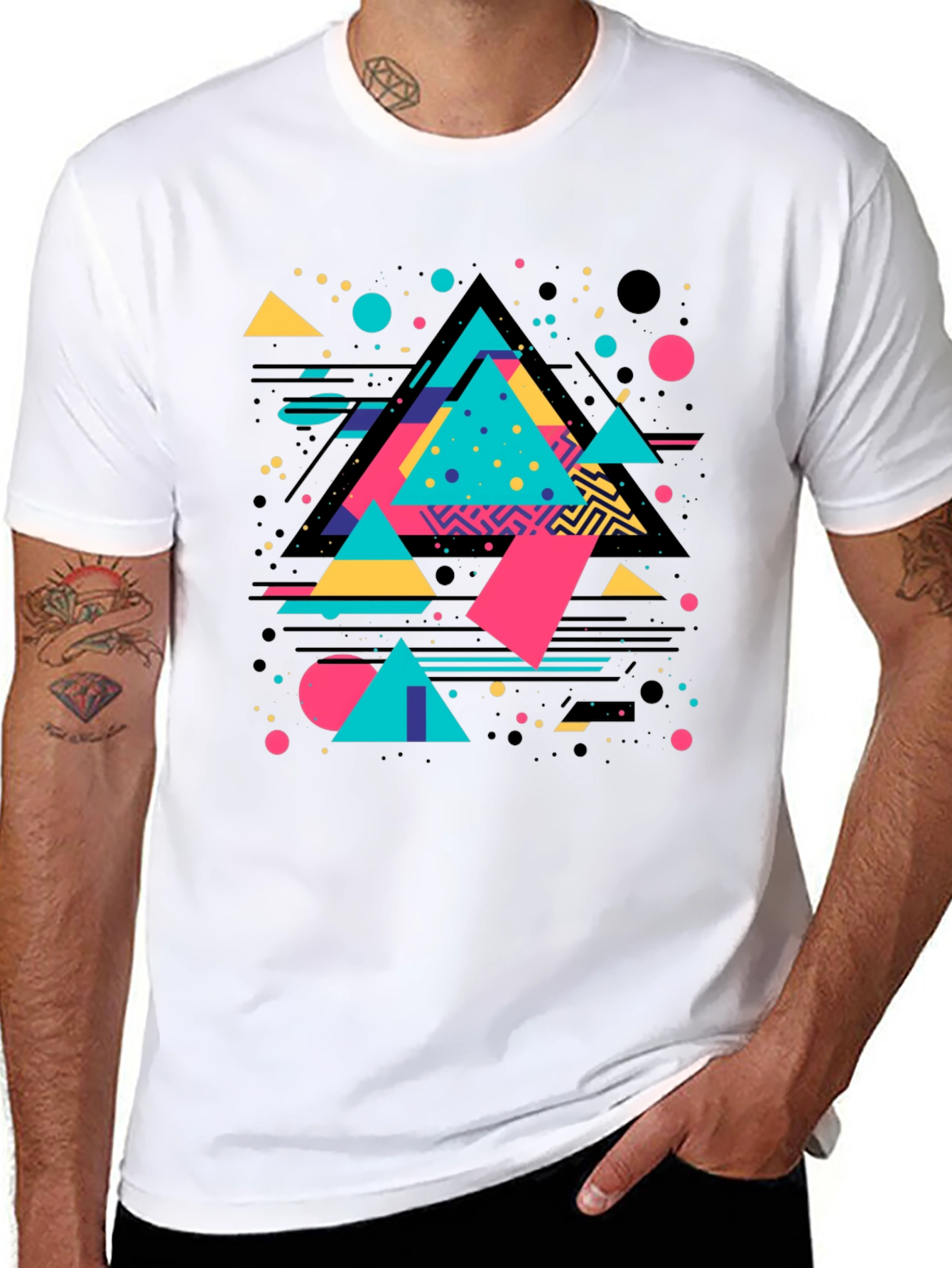 Black Retro Geometric Triangle Graphic Black T-Shirt view 8