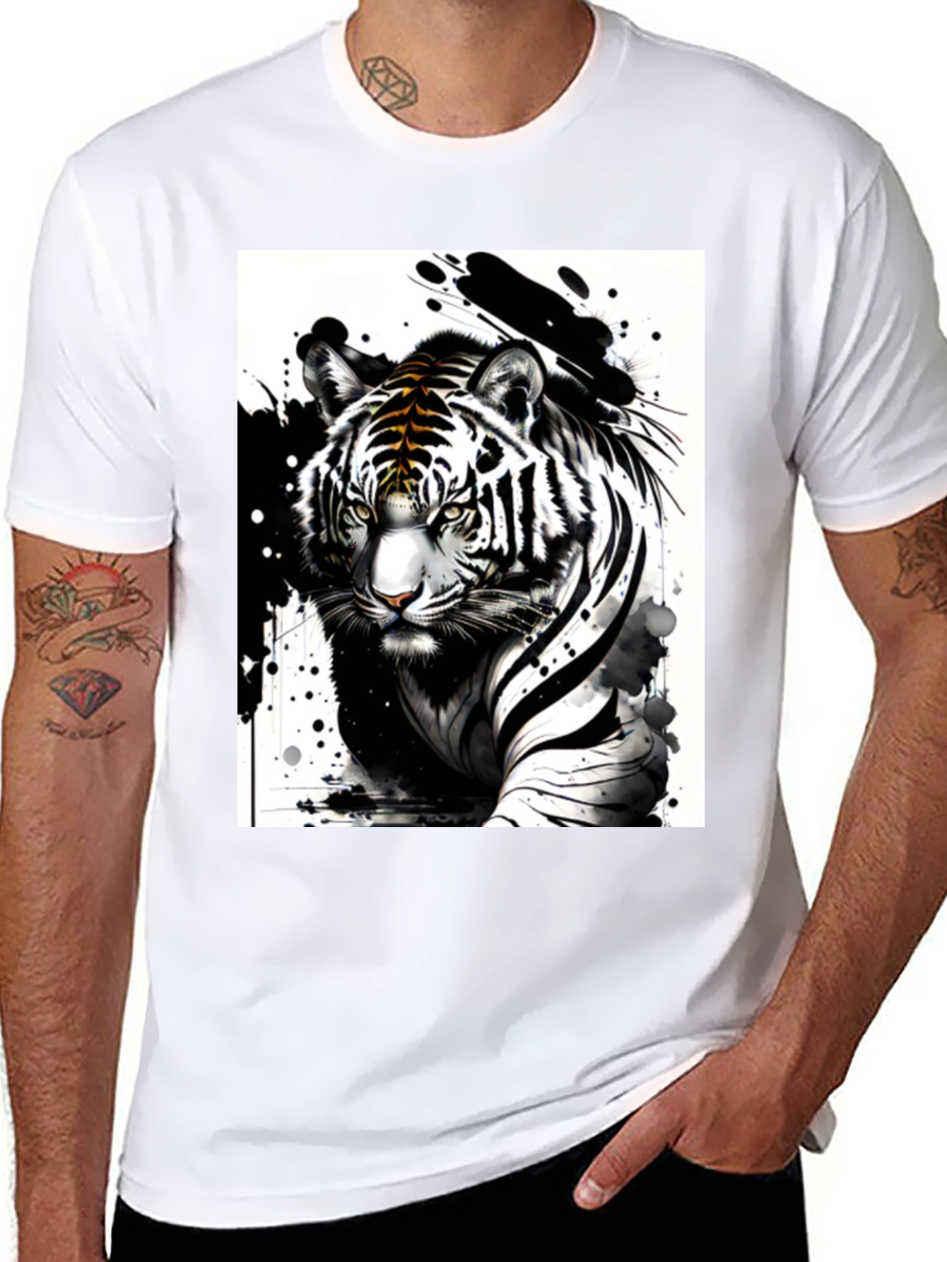 Black Tiger Ink Art Graphic Tee - Black Cotton Blend T-Shirt view 8