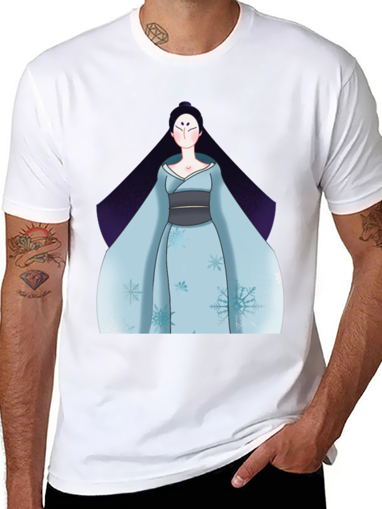 Black Black T-Shirt with Anime Winter Kimono Design view 8