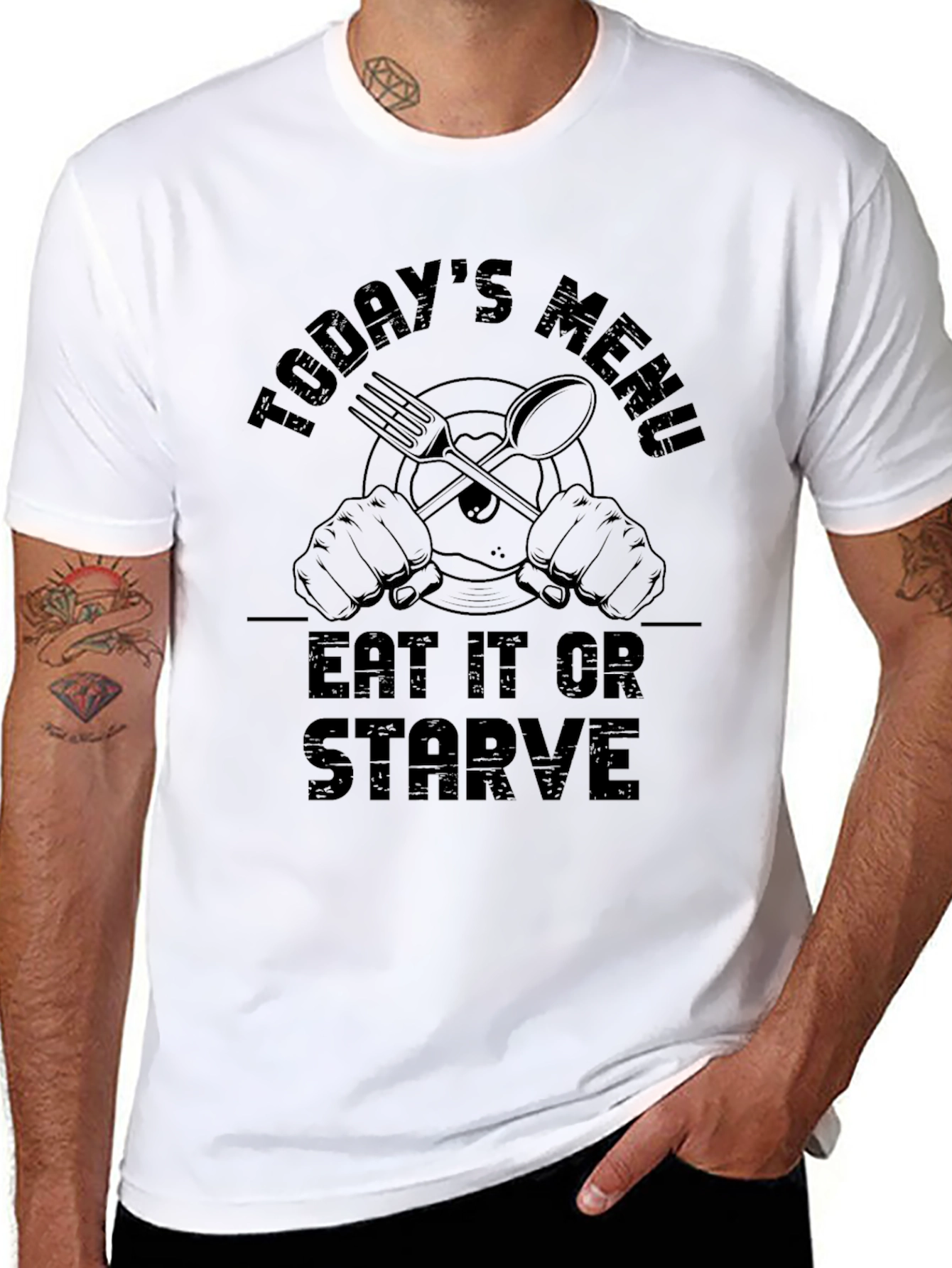 Black Eat It Or Starve Today's Menu Black Graphic T-Shirt view 8