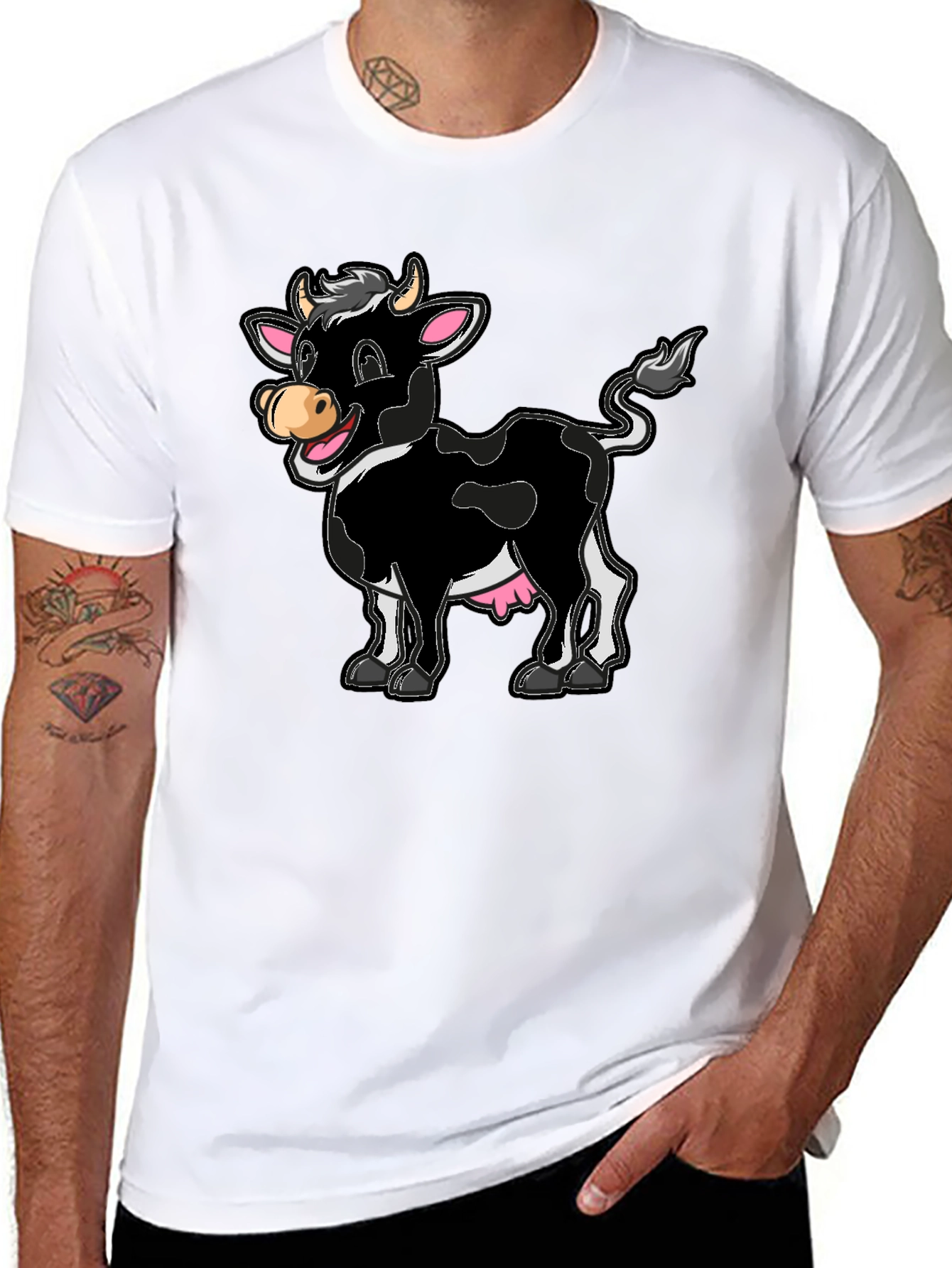 Black Funny Cartoon Cow Graphic Print T-Shirt view 8
