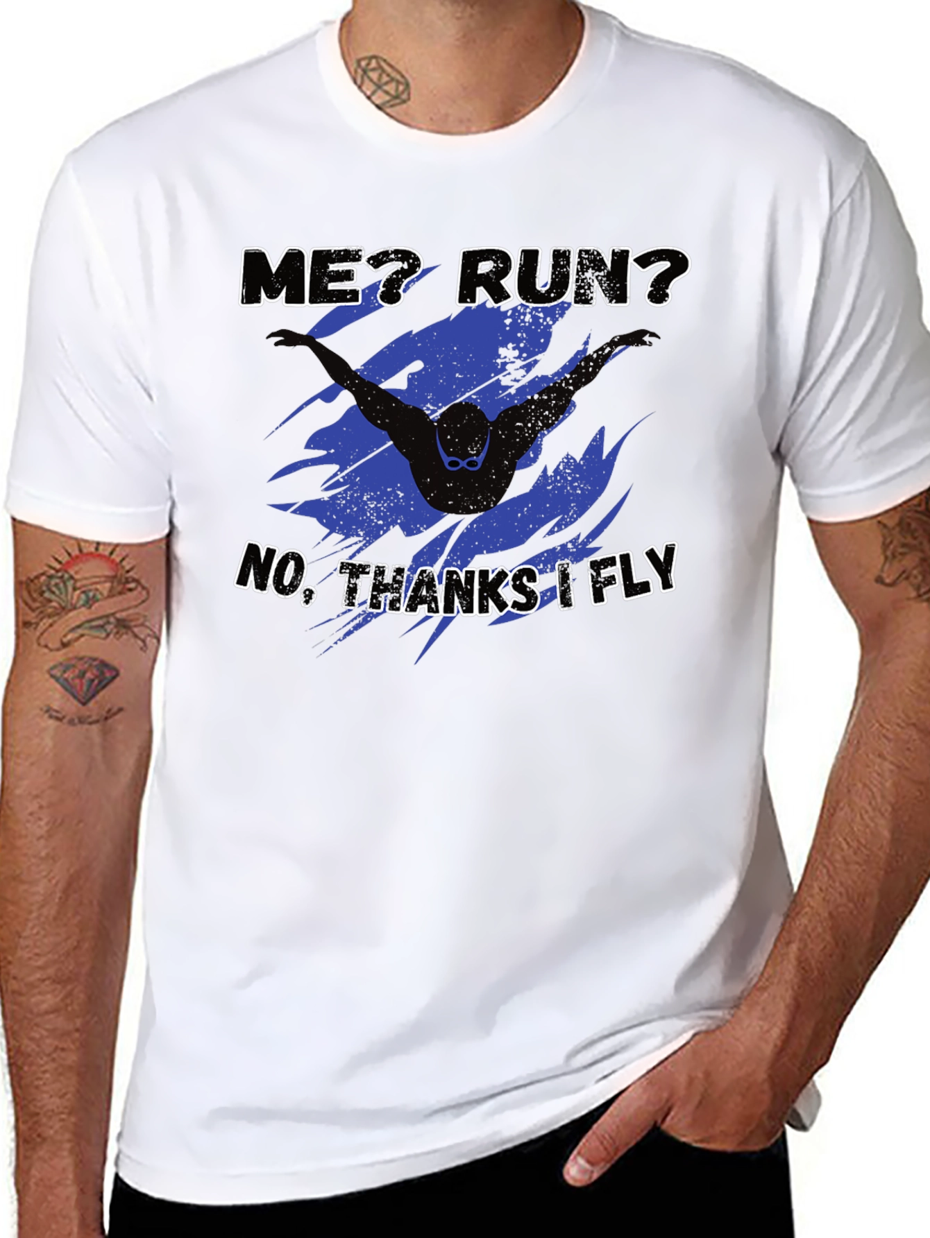 Black Funny Swimmer T-Shirt - No Running, Just Flying! view 8