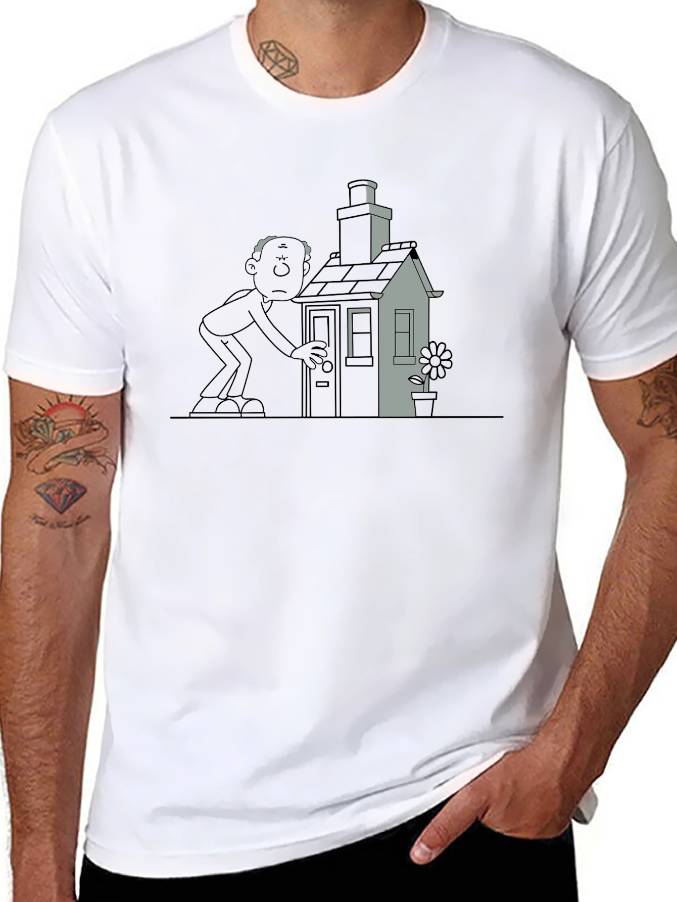 Black Cartoon House & Man Black T-Shirt view 8