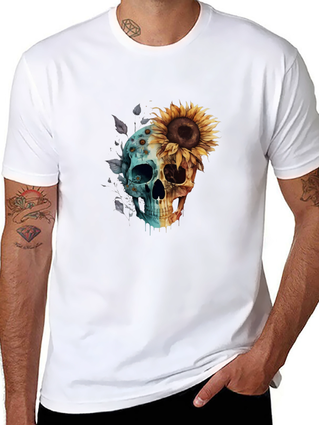 Black Sunflower Skull Graphic Tee - Men's Black T-Shirt view 8