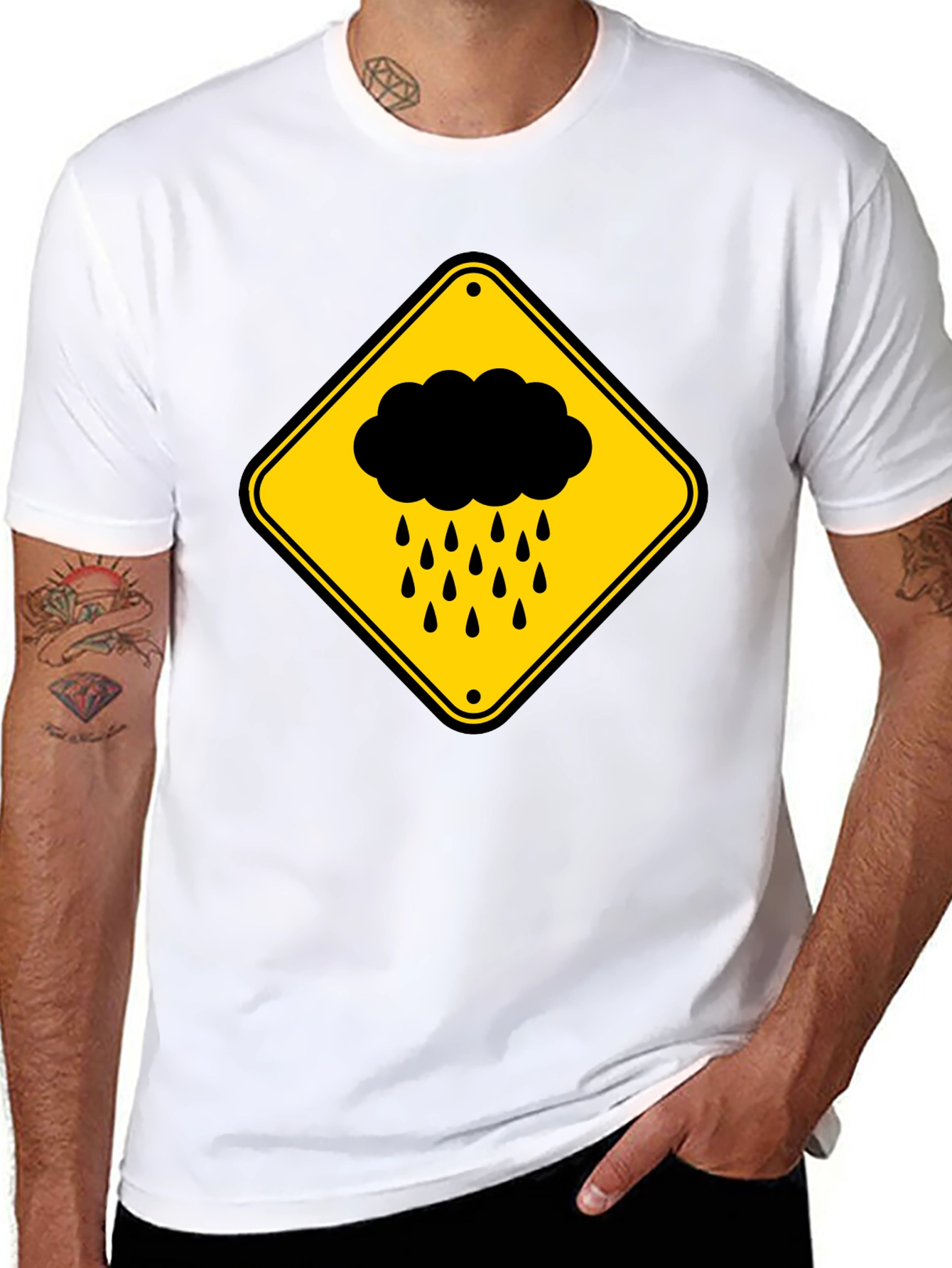 Black Rainy Day Warning T-Shirt - Black Cotton Tee view 8