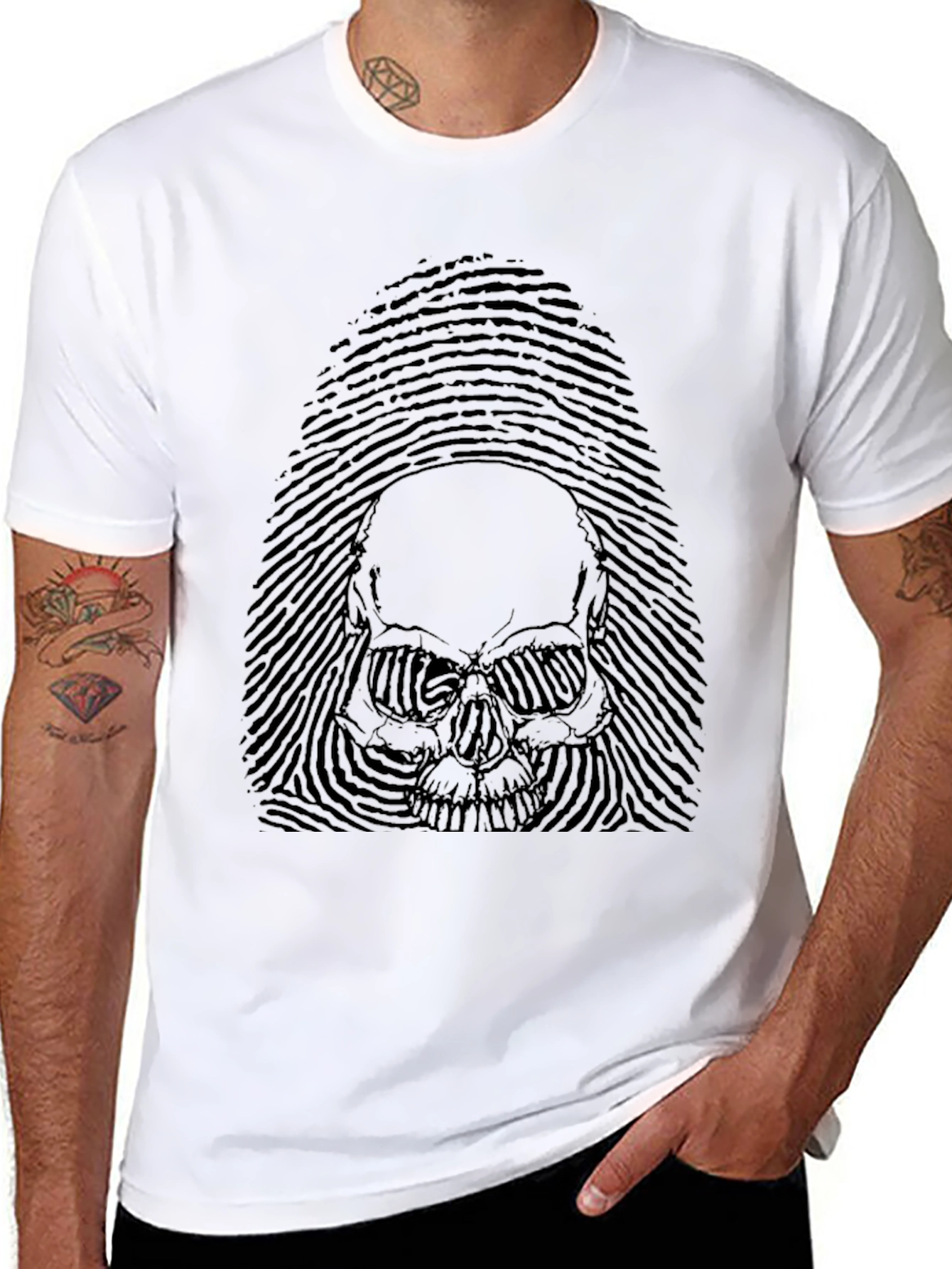 Black Skull Fingerprint Graphic Black T-Shirt view 8