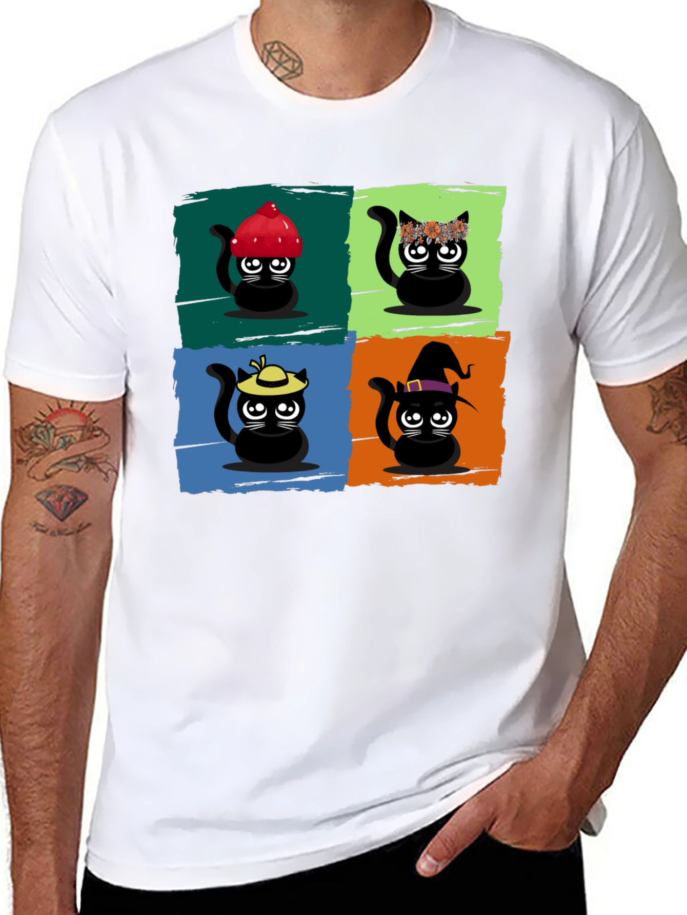 Black Cartoon Cats Black T-Shirt view 8
