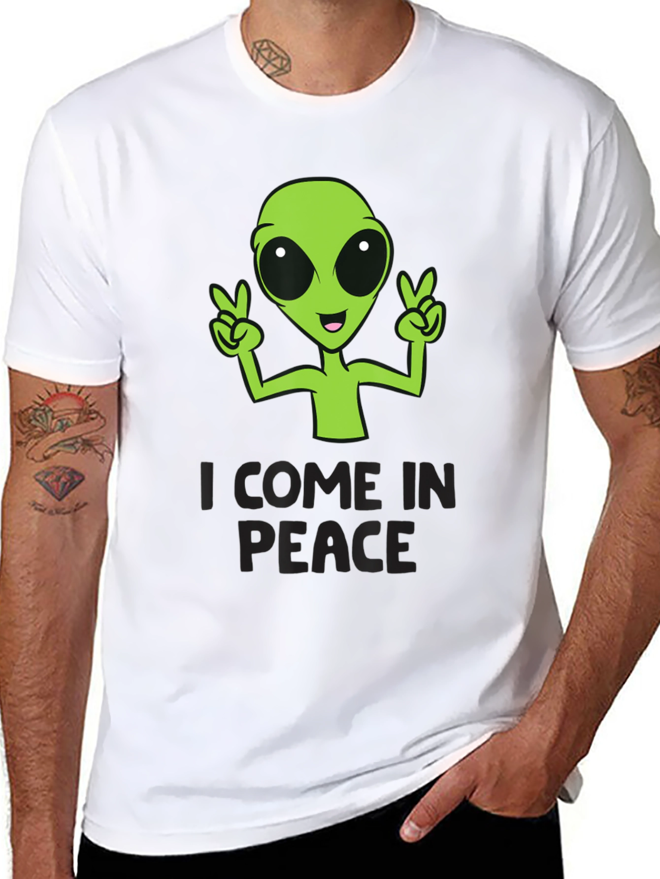 Black I Come In Peace Alien Graphic T-Shirt view 8