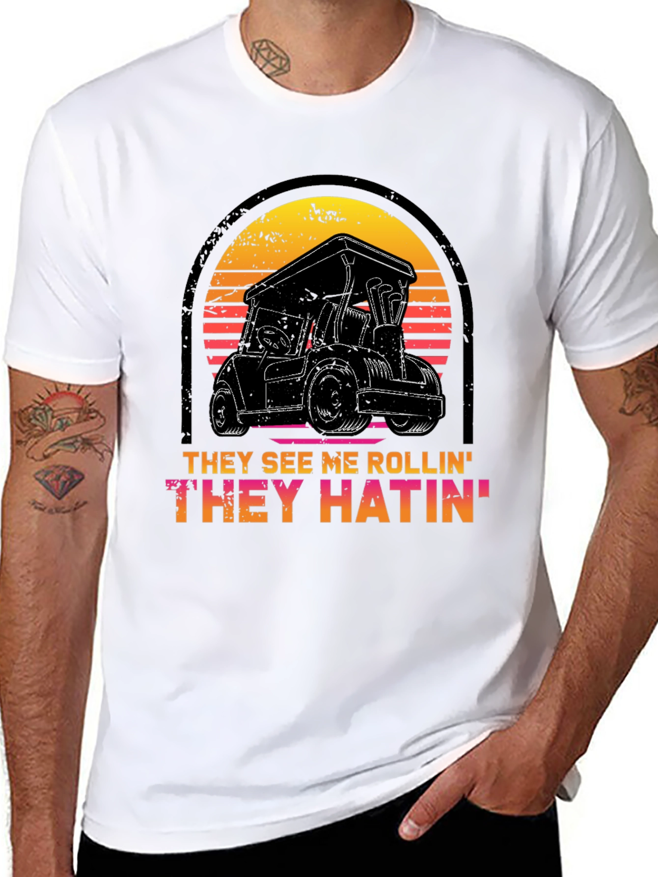 Black Golf Cart Sunset T-Shirt - They See Me Rollin' Tee view 8