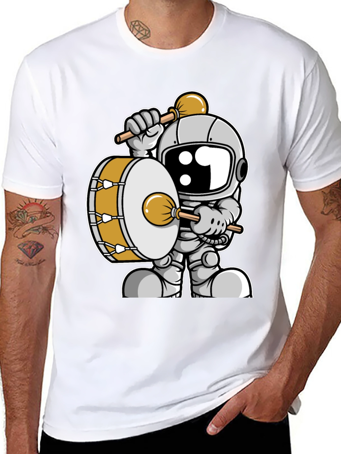 Black Astronaut Drummer Graphic Tee - Space Music T-Shirt view 8
