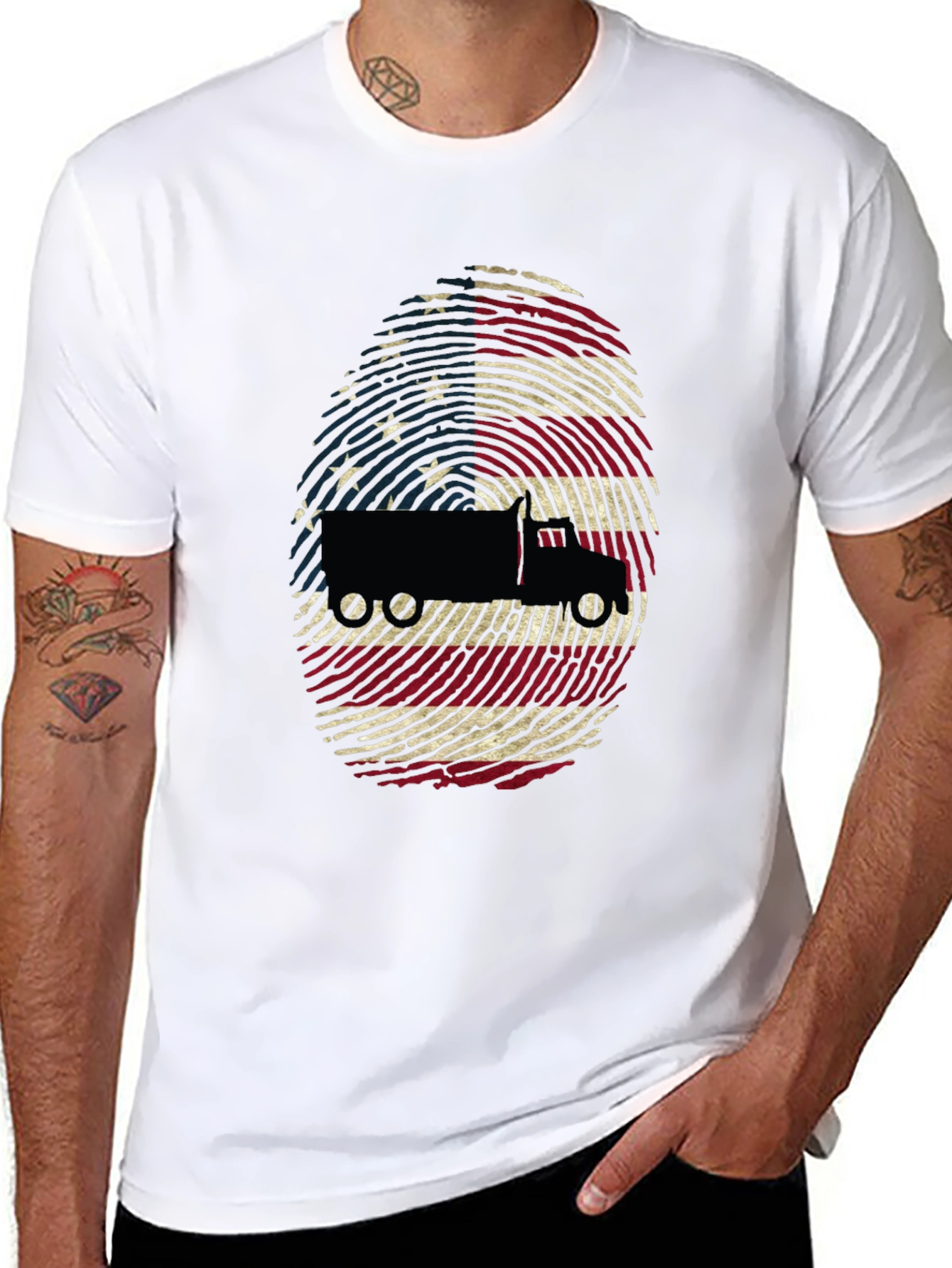 Trucker USA Flag Fingerprint Black T-Shirt - 8